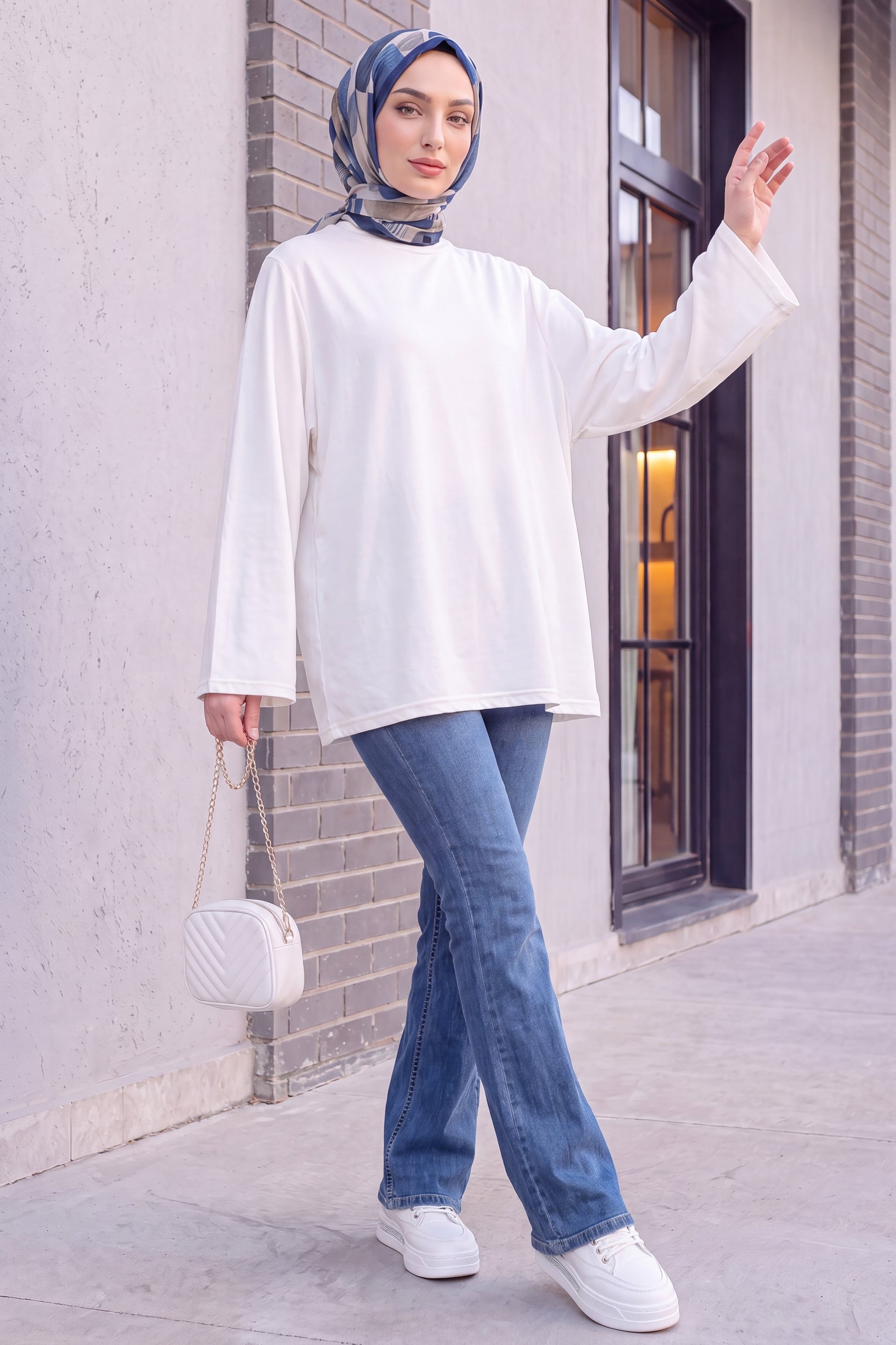 Crew Neck Spanish Sleeve Padded Shoulder Undershirt Blouse - Ecru - Podyumplus - by Peralane - photo 4