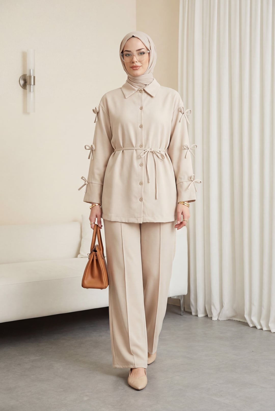 Beige Crepe Two-Piece Set with Bow Detail Sleeves - Podyumplus - by Peralane - photo 5