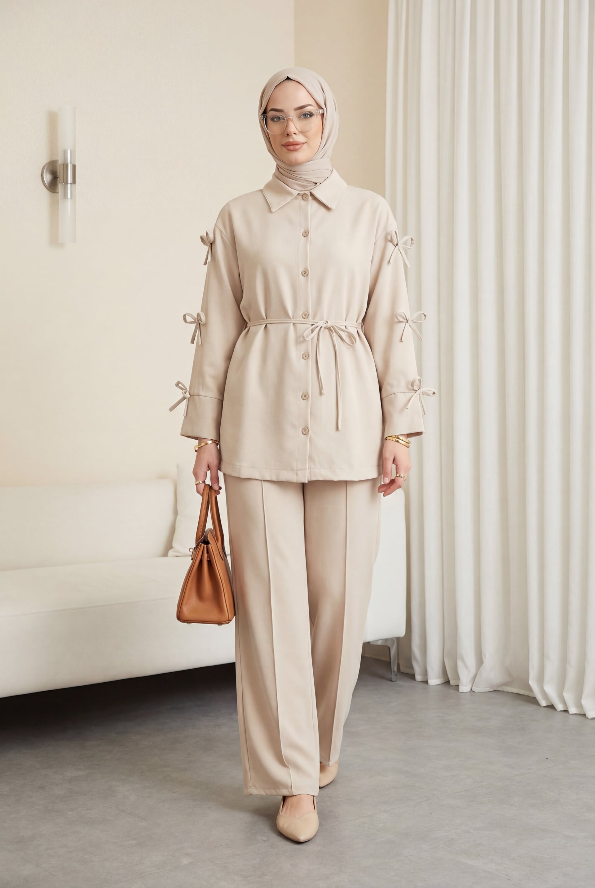 Beige Crepe Two-Piece Set with Bow Detail Sleeves - Podyumplus - by Peralane - photo 5