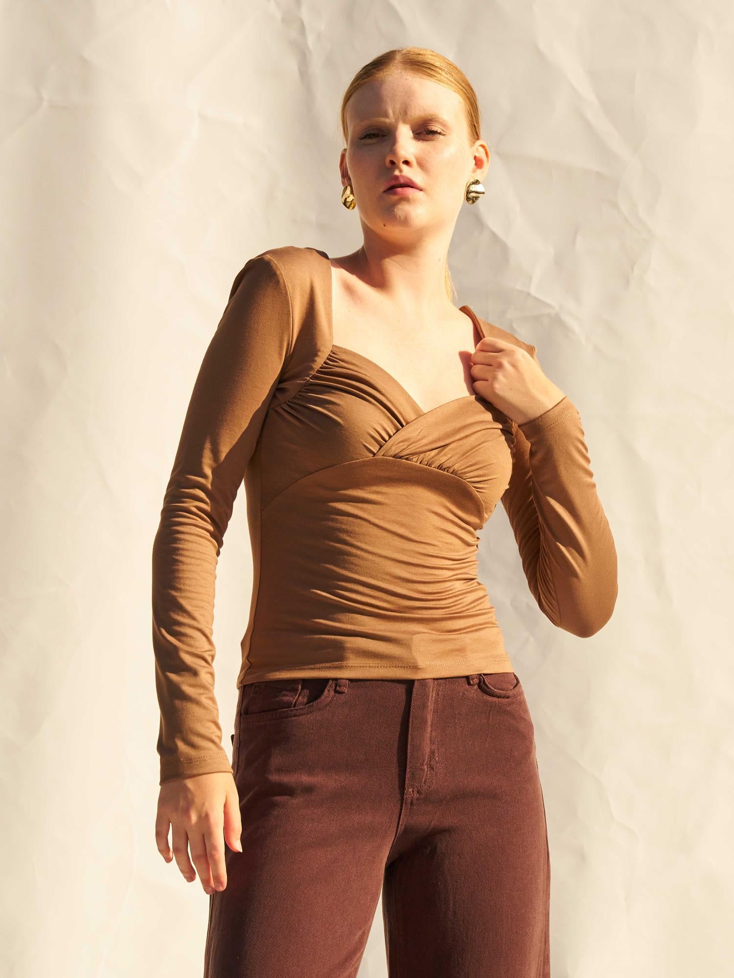 Women's Ruched Bust Knit Blouse - Brown - Lefon - by Peralane