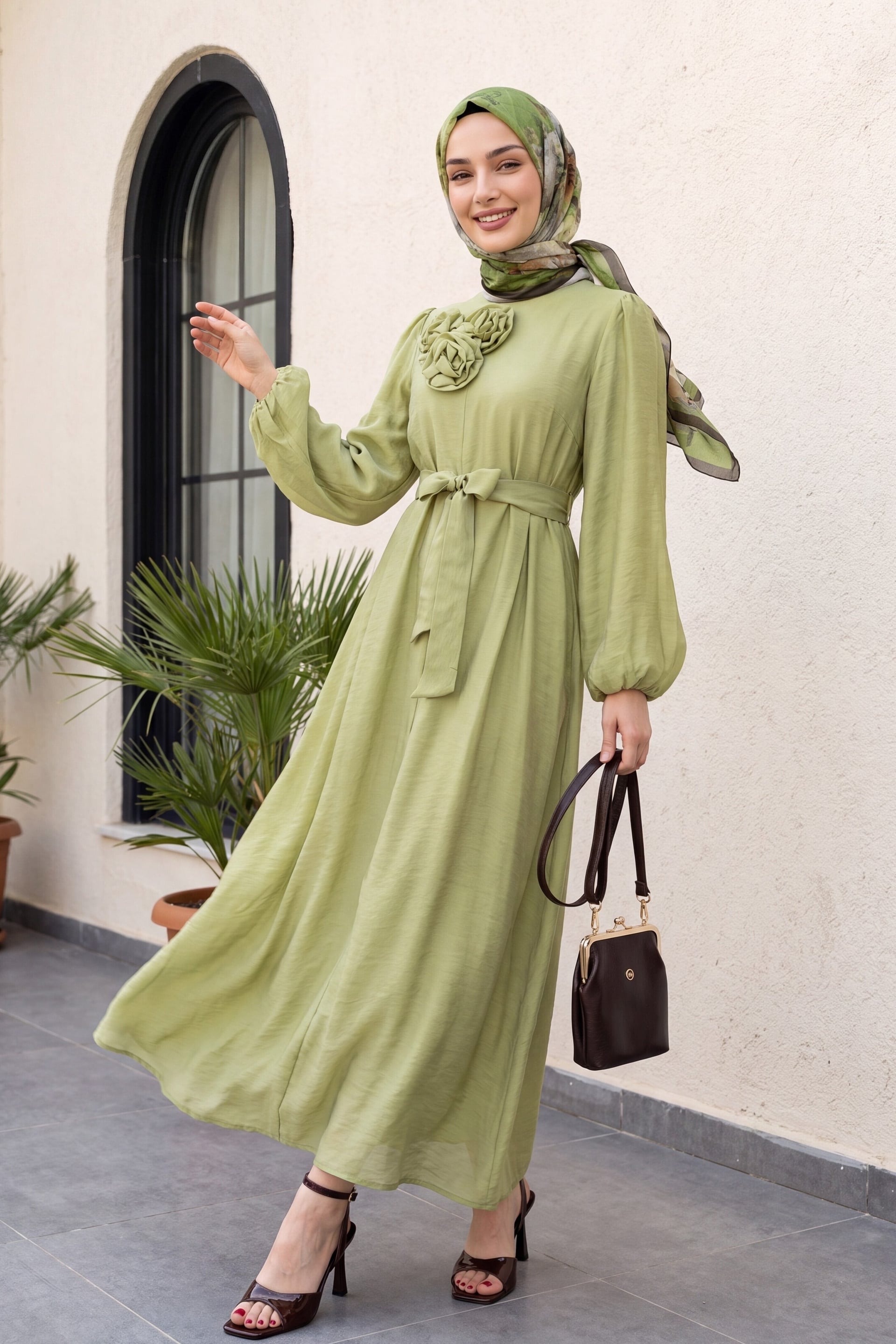 Brooch Detail Belted Lined Balloon Sleeve Tulle Voile Dress - Olive Green - Podyumplus - by Peralane