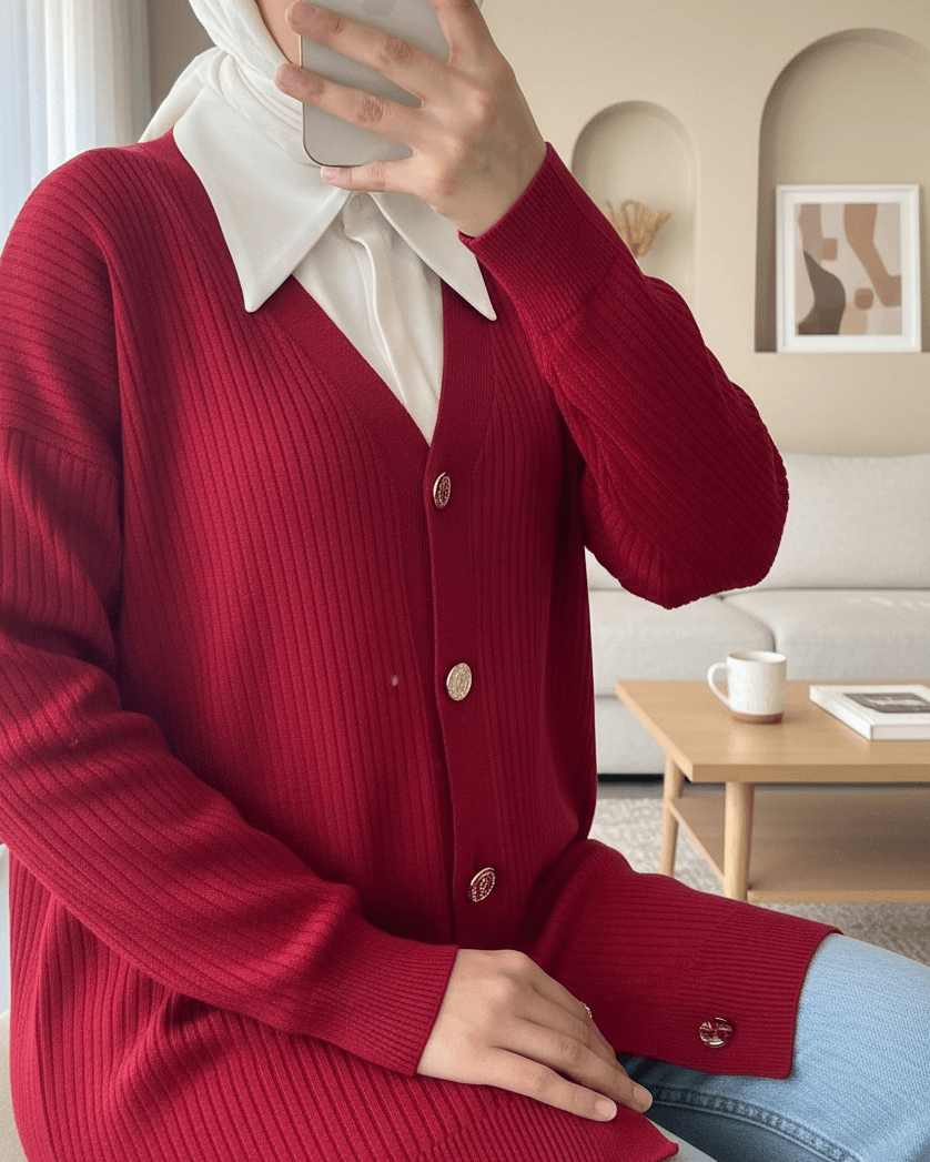 Women's Red Ribbed Knit Cardigan with Buttons - Podyumplus - by Peralane - photo 2