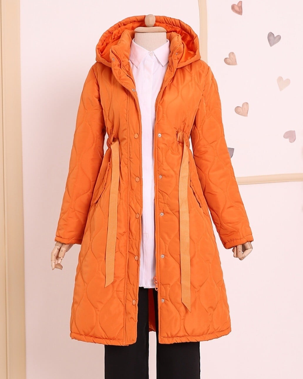 Women's Quilted Hooded Coat with Belt and Pockets - Orange - Podyumplus - by Peralane - photo 6