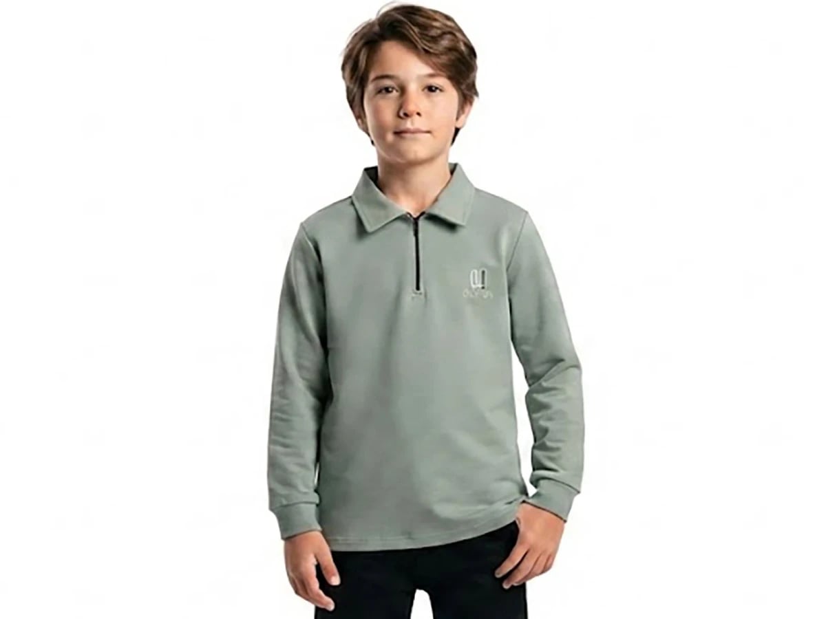 Boys' Long-Sleeved Quarter-Zip Polo Shirt in Muted Green - Tanem Kids - by Peralane