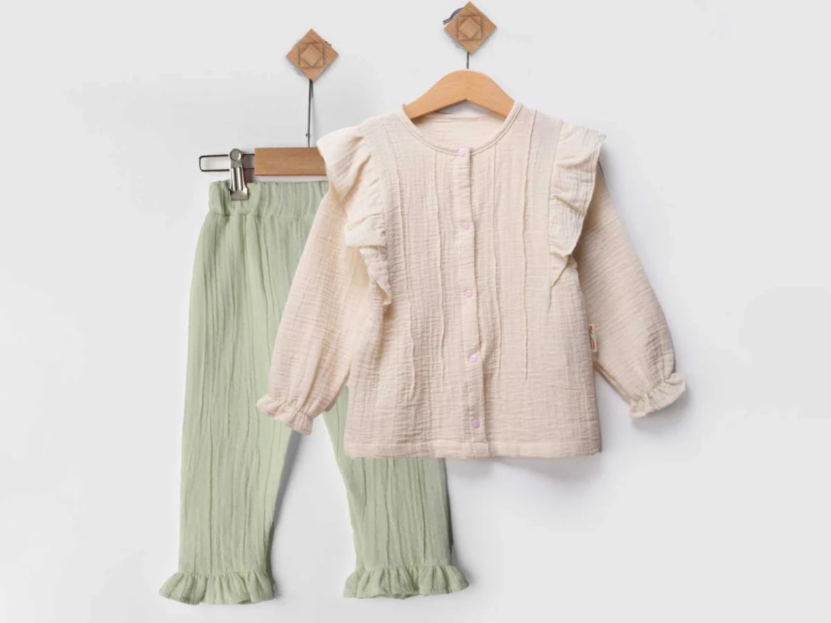 Ruffled Baby Girl Pyjama Set - Cream and Light Green - Beyaz Bebek - by Peralane