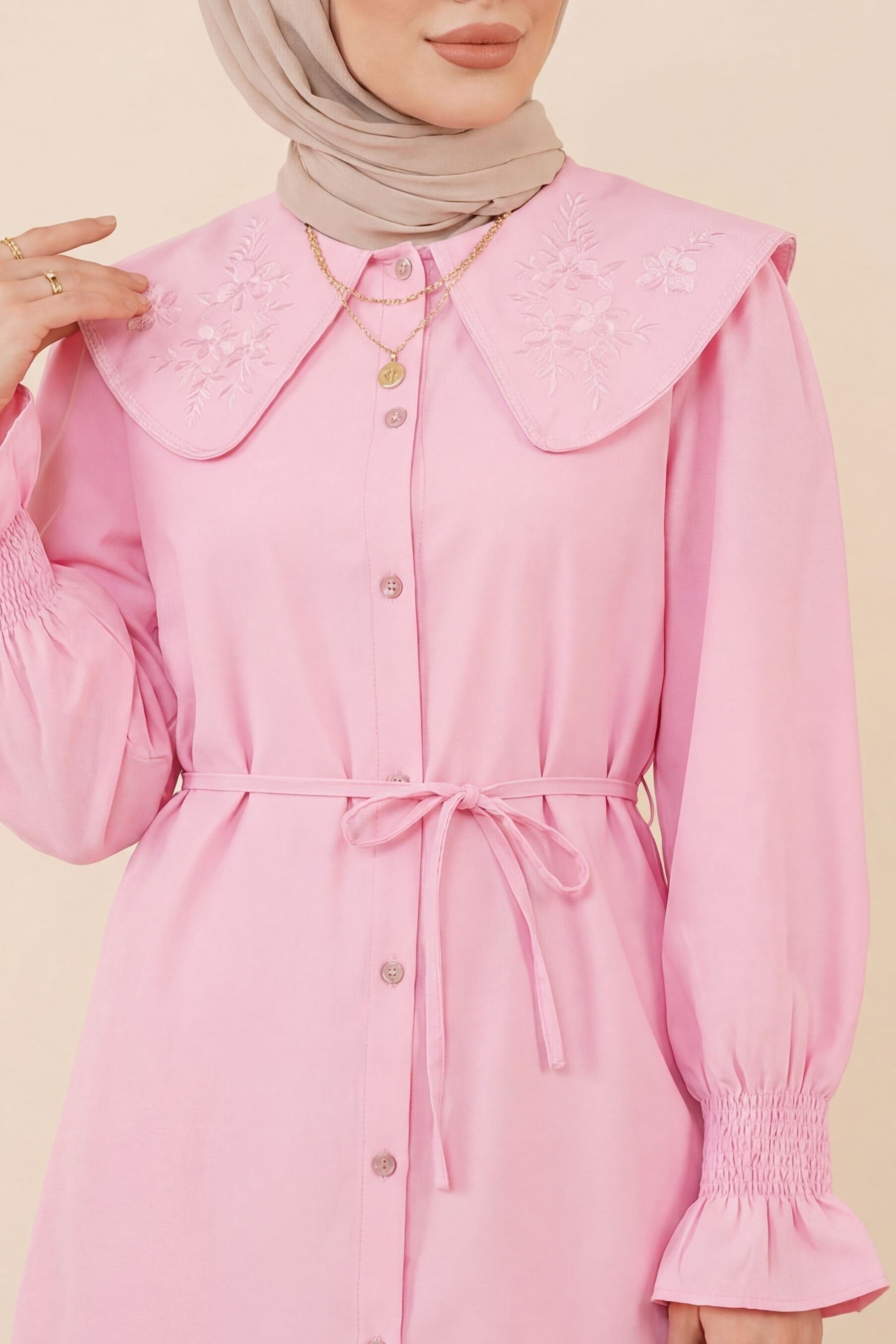 Peter Pan Collar Embroidered Belted Poplin Shirt - Pink - Podyumplus - by Peralane - photo 2