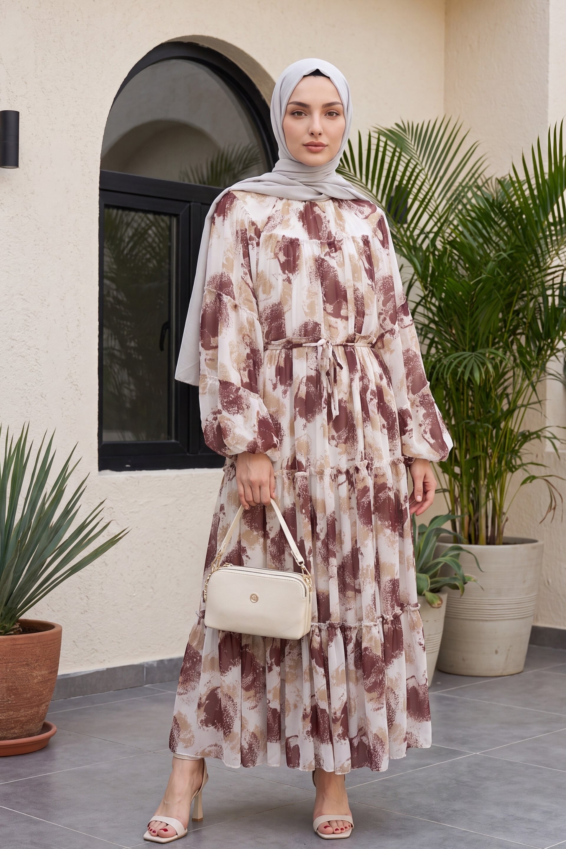 Patterned Lace-Up Lined Paneled Chiffon Dress - Plum - Podyumplus - by Peralane - photo 3