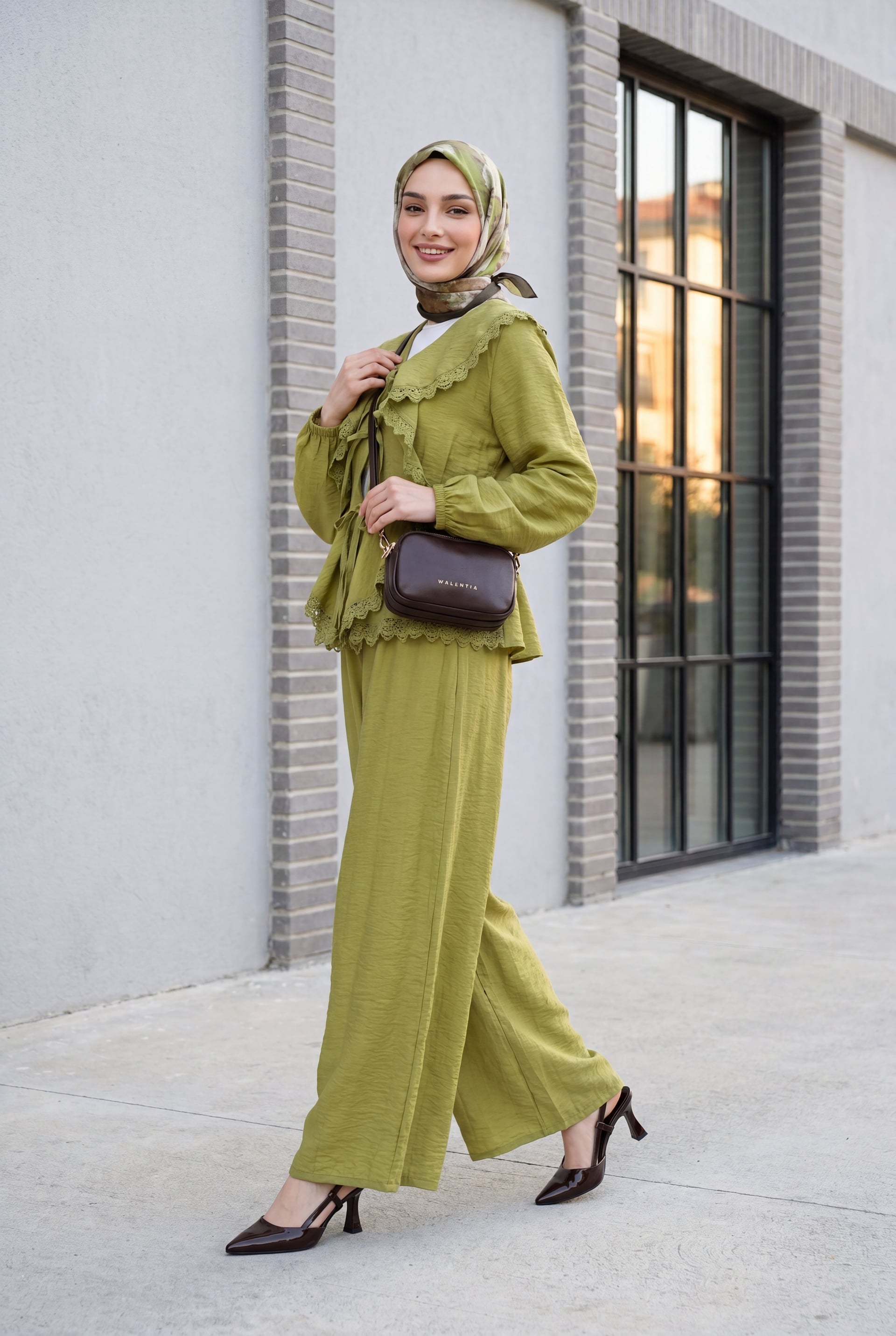 Lace Detail Tie-Front Wide-Leg Trousers Set - Olive Green - Podyumplus - by Peralane - photo 6