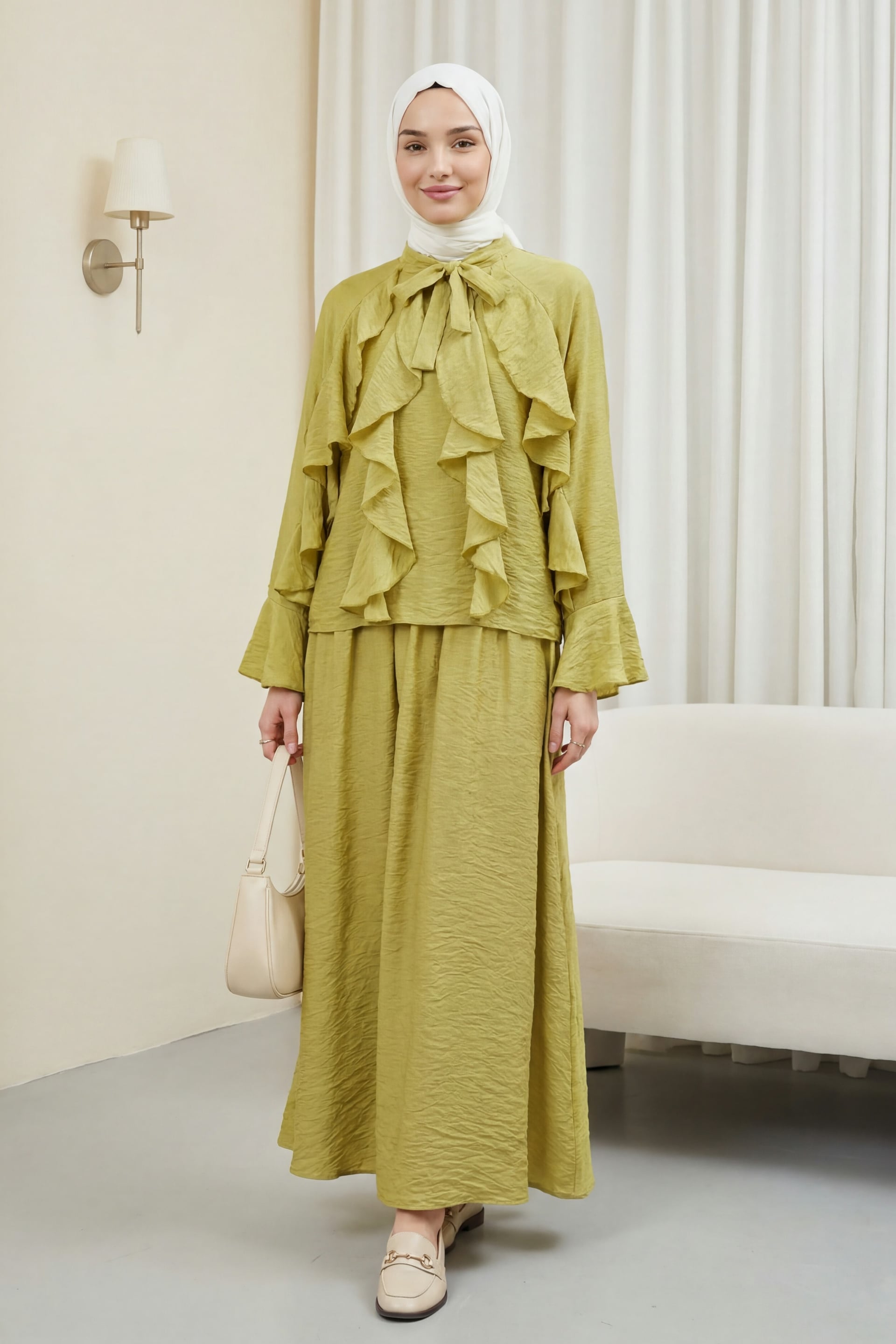 Tie-Neck Ruffle Detail Lined Tulle Modal Modest Set – Olive Green - Podyumplus - by Peralane - photo 4