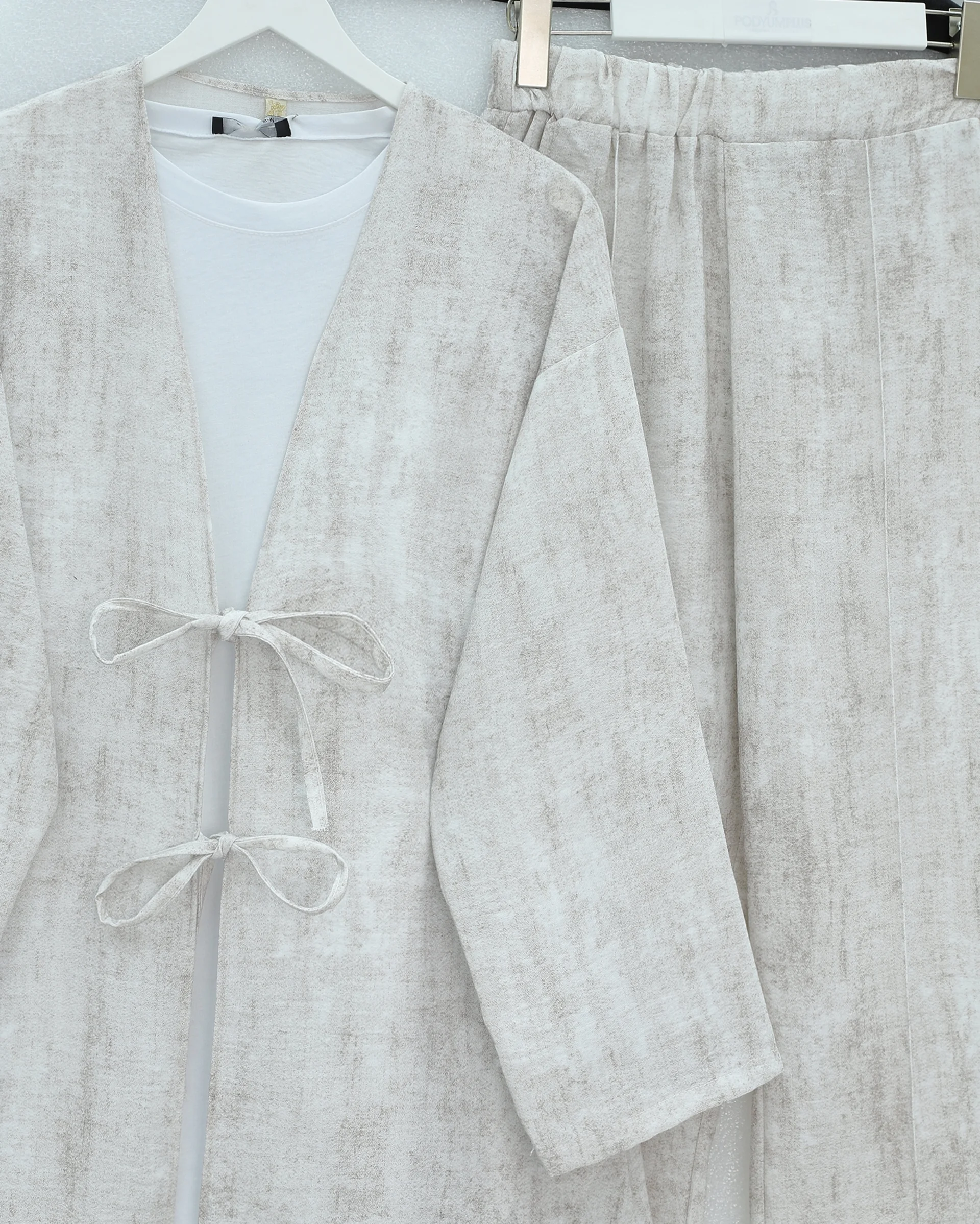 Tie-Front Linen Look Kimono Set with Wide-Leg Trousers - Stone - Podyumplus - by Peralane - photo 4