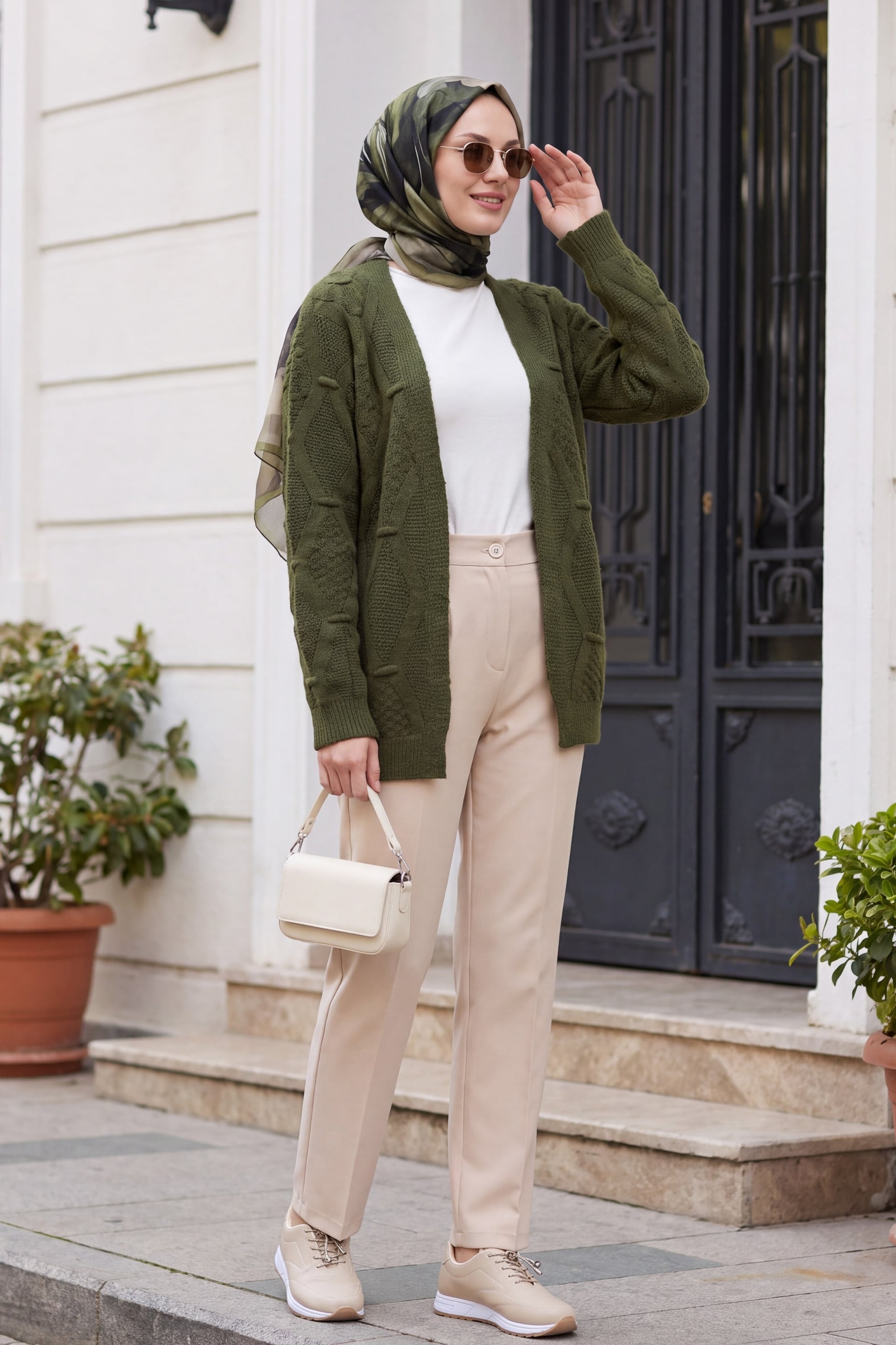 Pom Pom Detail Mid-Length Knit Cardigan - Khaki - Podyumplus - by Peralane - photo 4