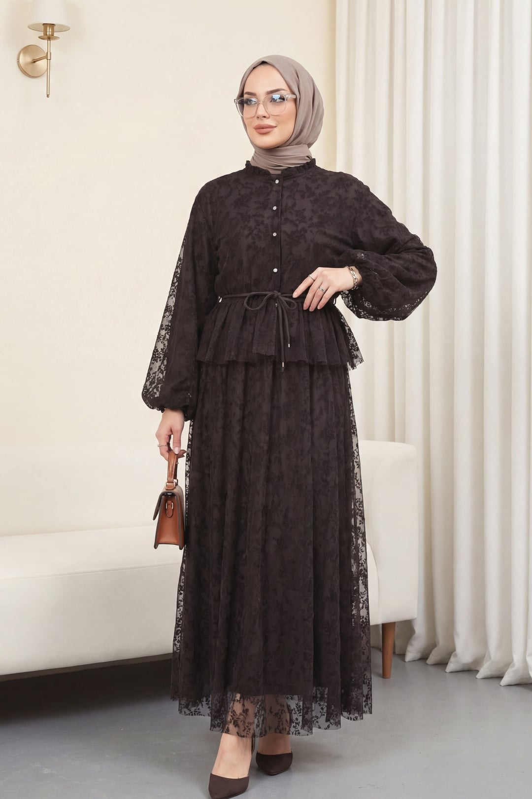 Brown Floral Balloon Sleeve Modest Dress with Tie Belt - Podyumplus - by Peralane