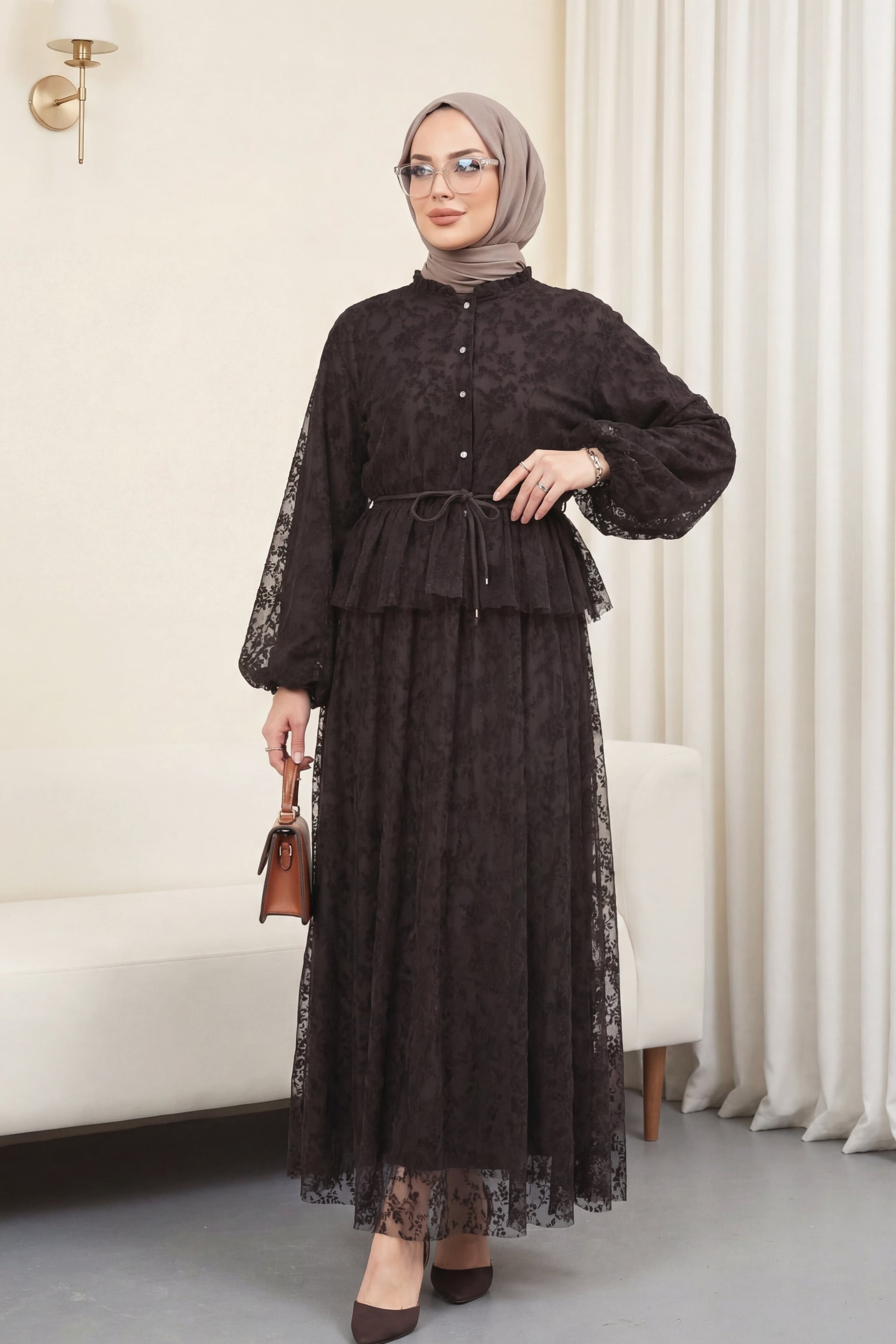 Brown Floral Balloon Sleeve Modest Dress with Tie Belt - Podyumplus - by Peralane