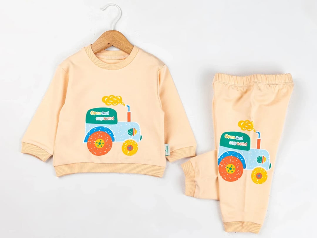 Tractor Print Baby Boy Top and Trouser Set - Peach - Comix - by Peralane