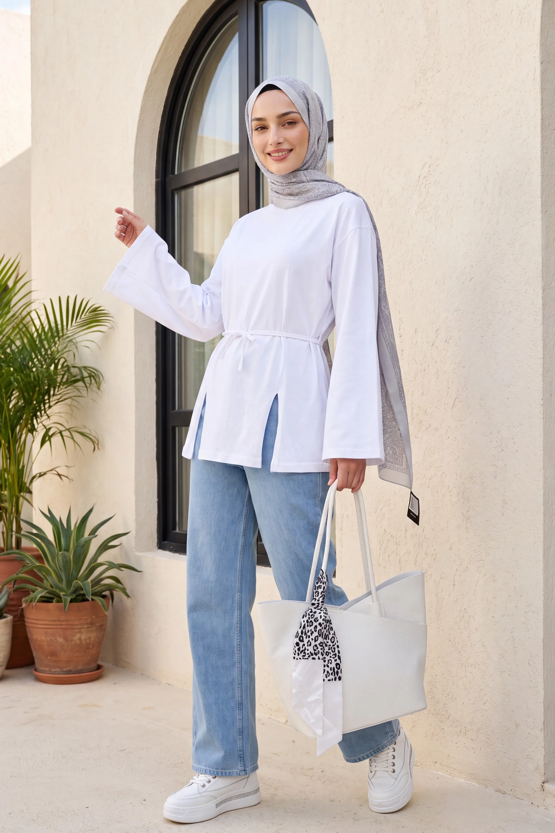 Tie Waist Side Slit Jersey Tunic - White - Podyumplus - by Peralane - photo 6