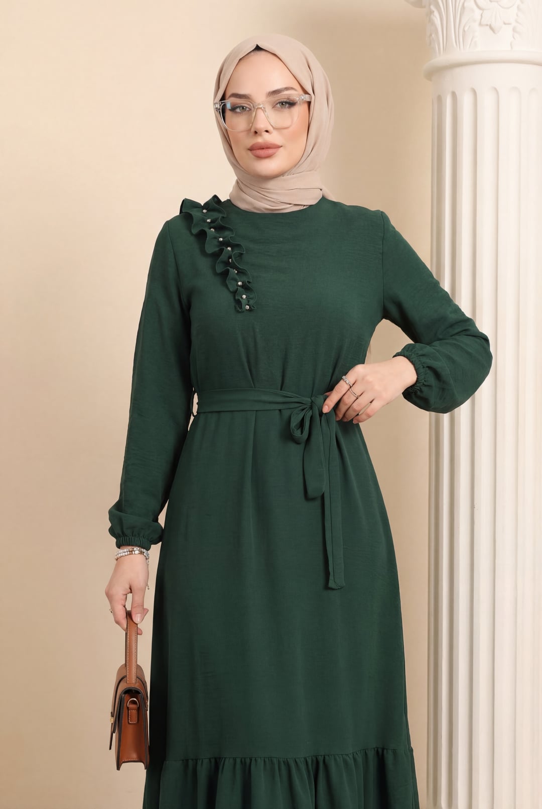 Ruffled Beaded Tiered Maxi Dress with Belt - Emerald - Podyumplus - by Peralane - photo 2