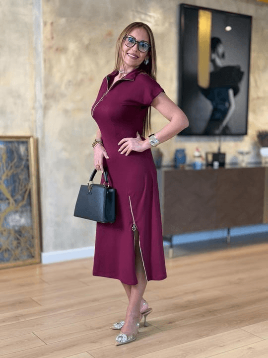 Women's Short Sleeve Zip Front Midi Viscose Two-Thread Dress - Janes - by Peralane - photo 2