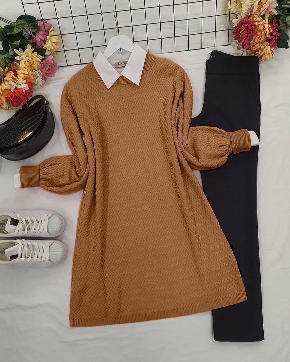 Balloon Sleeve Zigzag Pattern Knit Tunic - Camel - Podyumplus - by Peralane - photo 2
