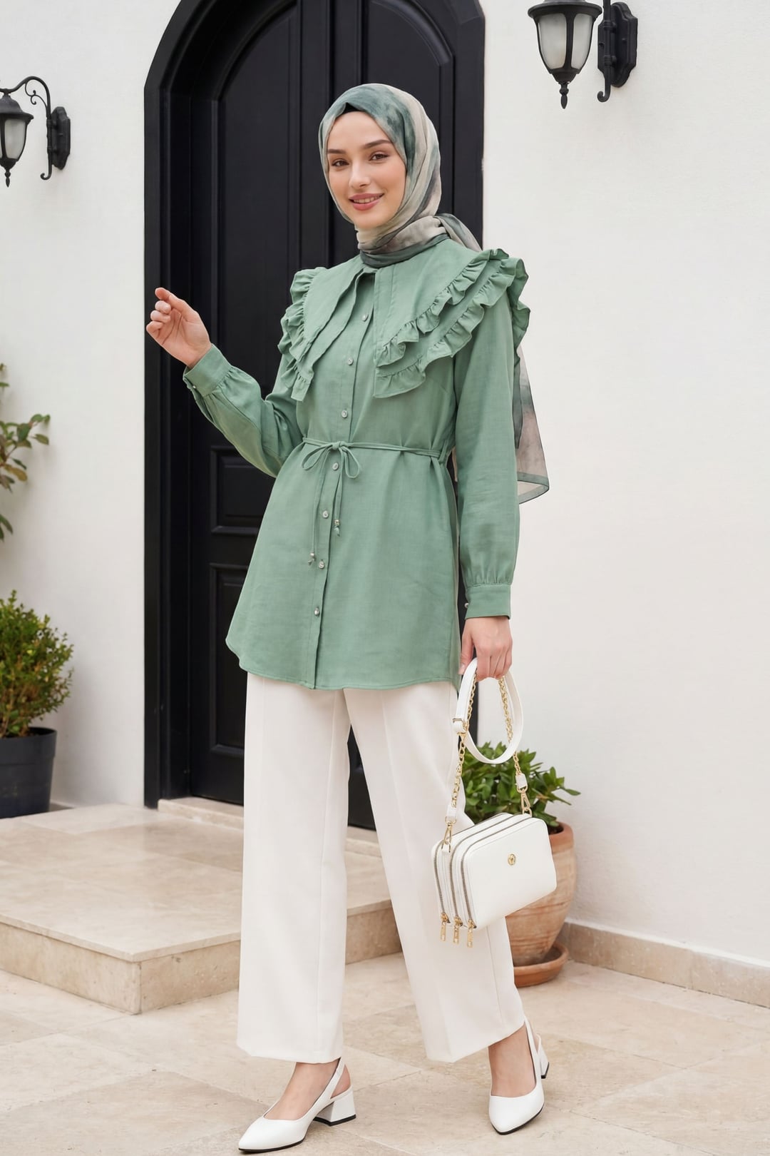 Front Pleat High Waist Wide Leg Trousers - White - Podyumplus - by Peralane - photo 3