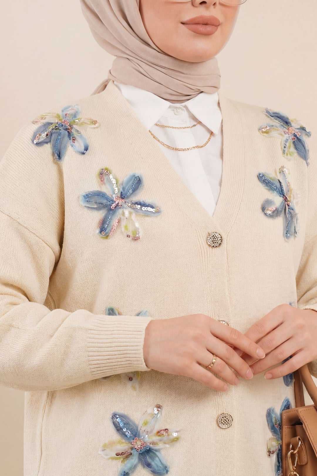 V-Neck Organza Tulle Floral Embroidered Knit Cardigan - Beige - Podyumplus - by Peralane - photo 2