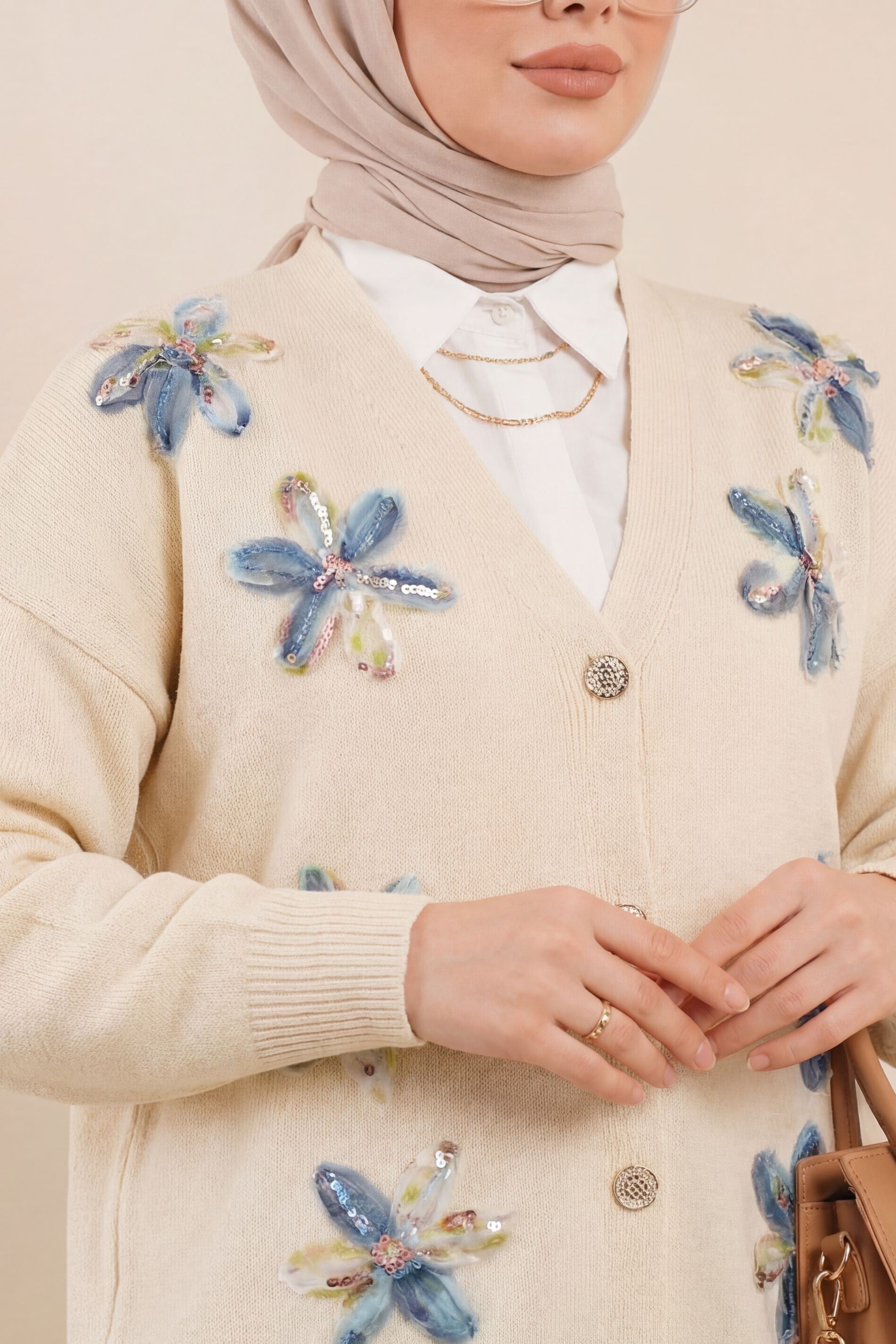 V-Neck Organza Tulle Floral Embroidered Knit Cardigan - Beige - Podyumplus - by Peralane - photo 2