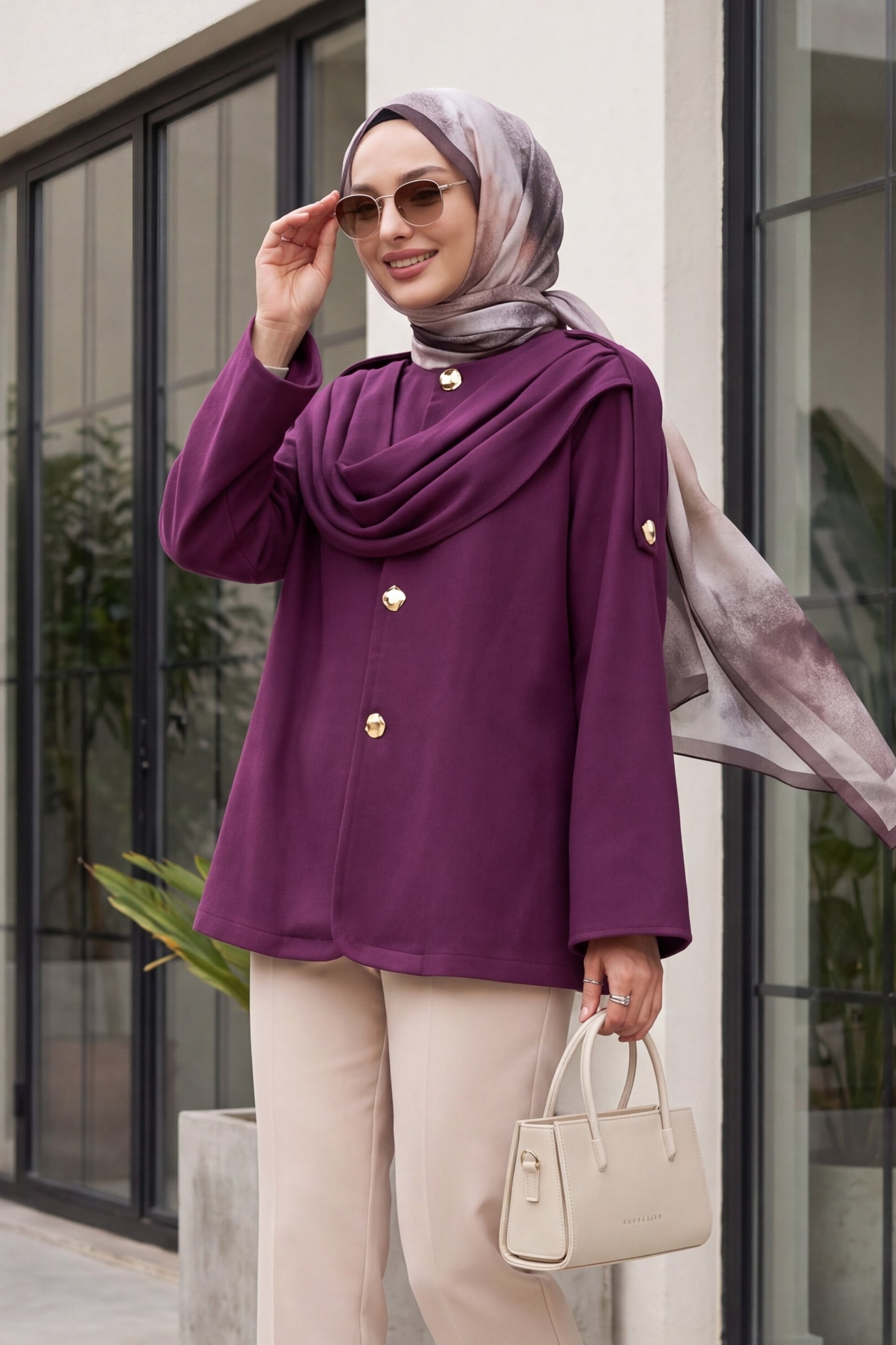 Shawl-Detail Winter Felt Coat in Plum - Podyumplus - by Peralane - photo 2