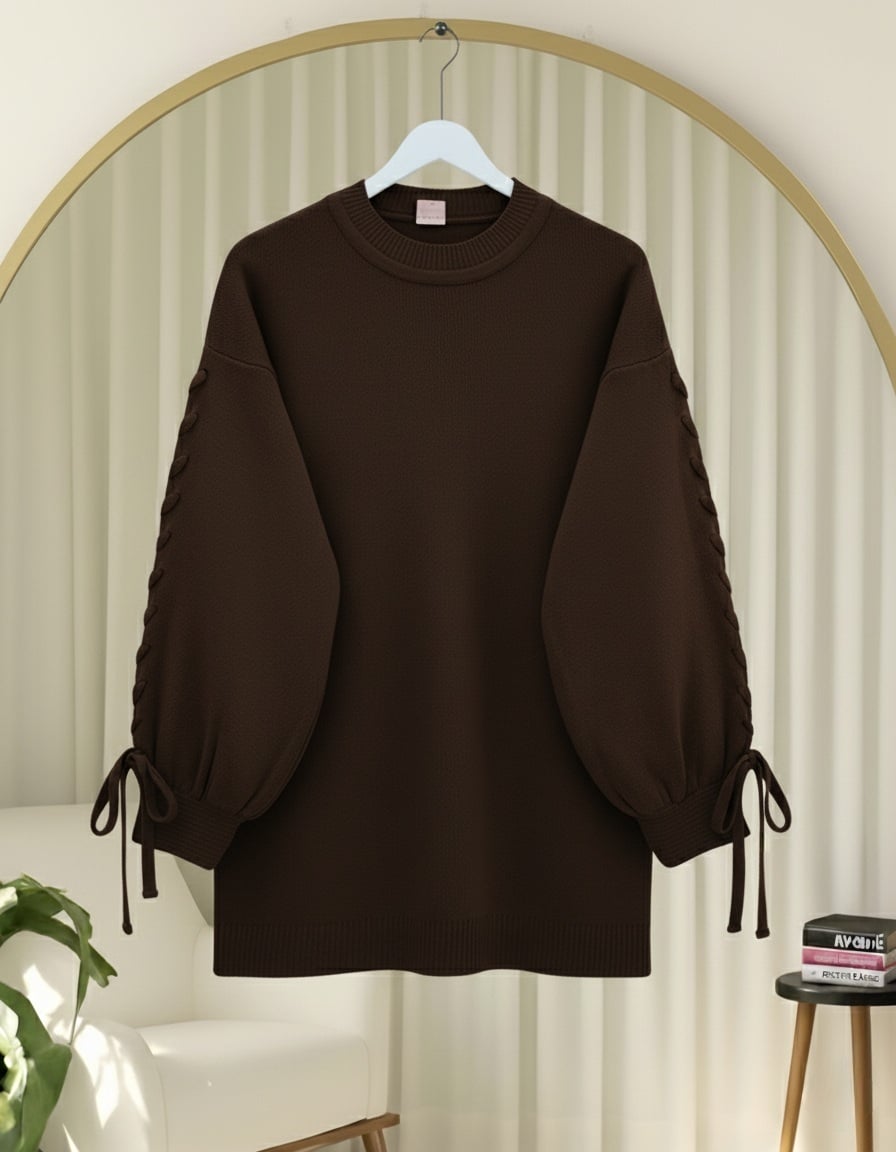 Round Neck Knitted Sweater with Braided Sleeve Details - Dark Brown - Podyumplus - by Peralane - photo 3