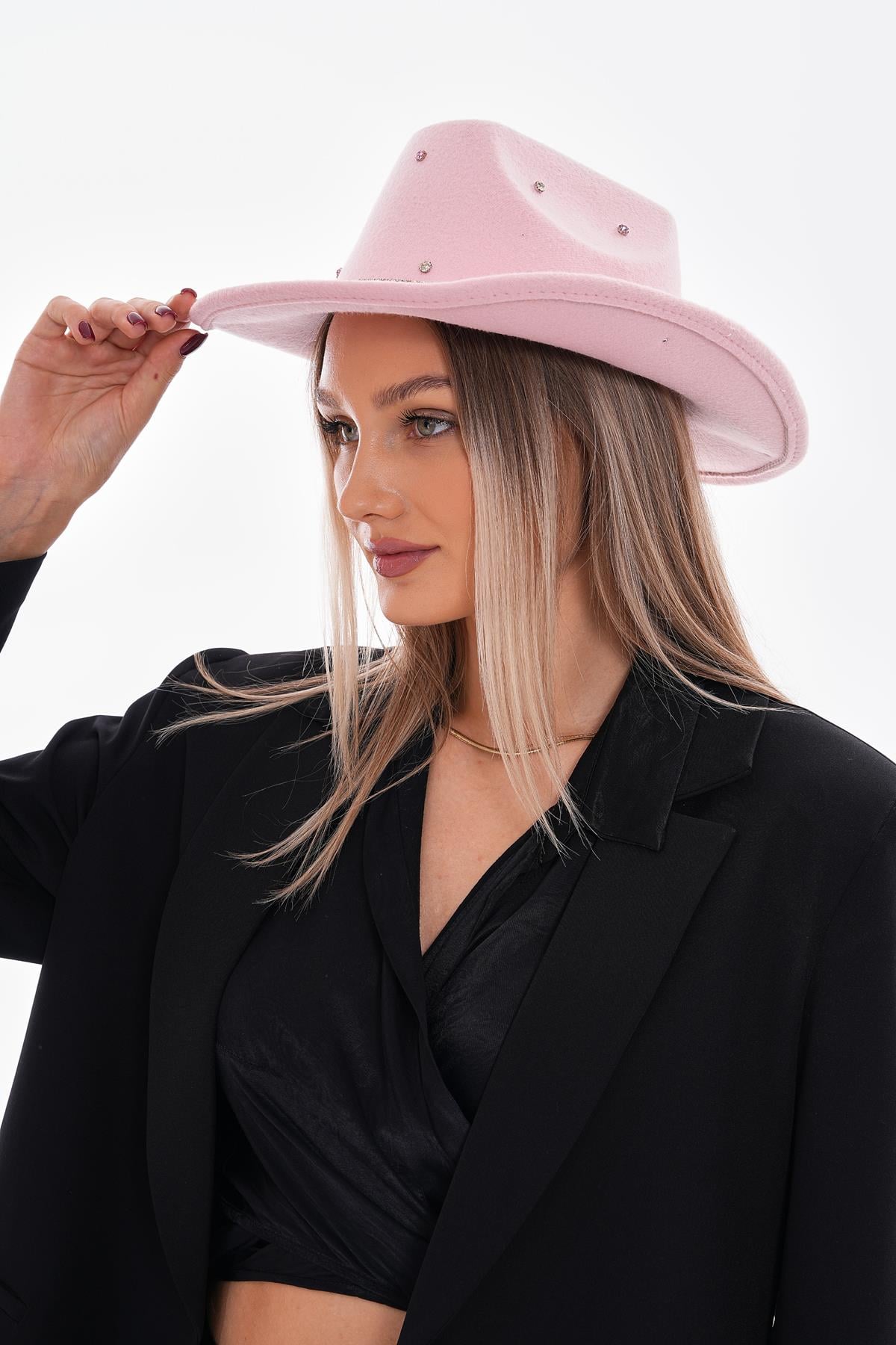 Pink Panama Felt Cowboy Hat with Stone and Pearl Band - Nesvay - by Peralane - photo 3