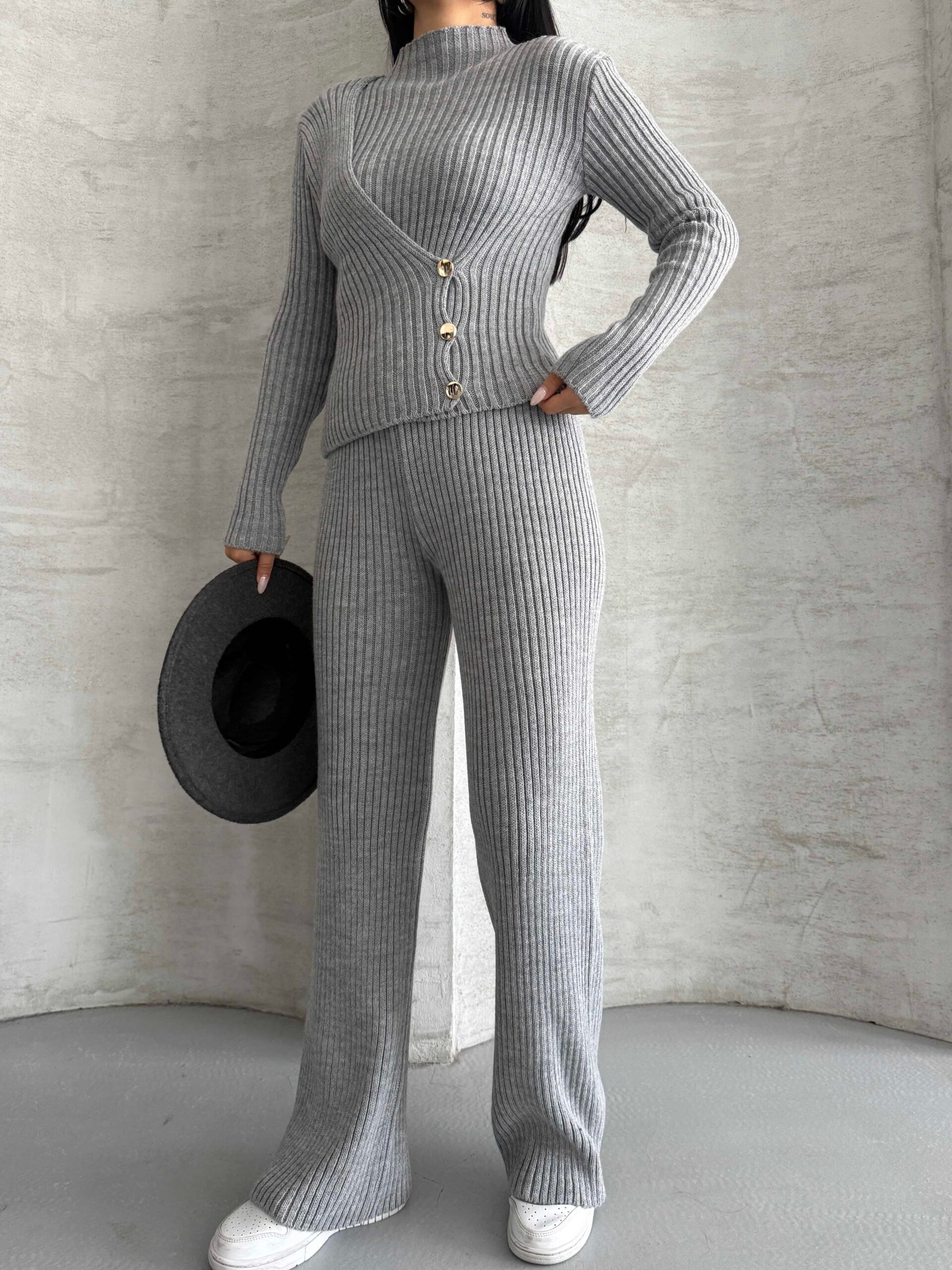 Women's Mock Neck Wrap Knit Lounge Set with Wide-Leg Trousers - My Bee - by Peralane