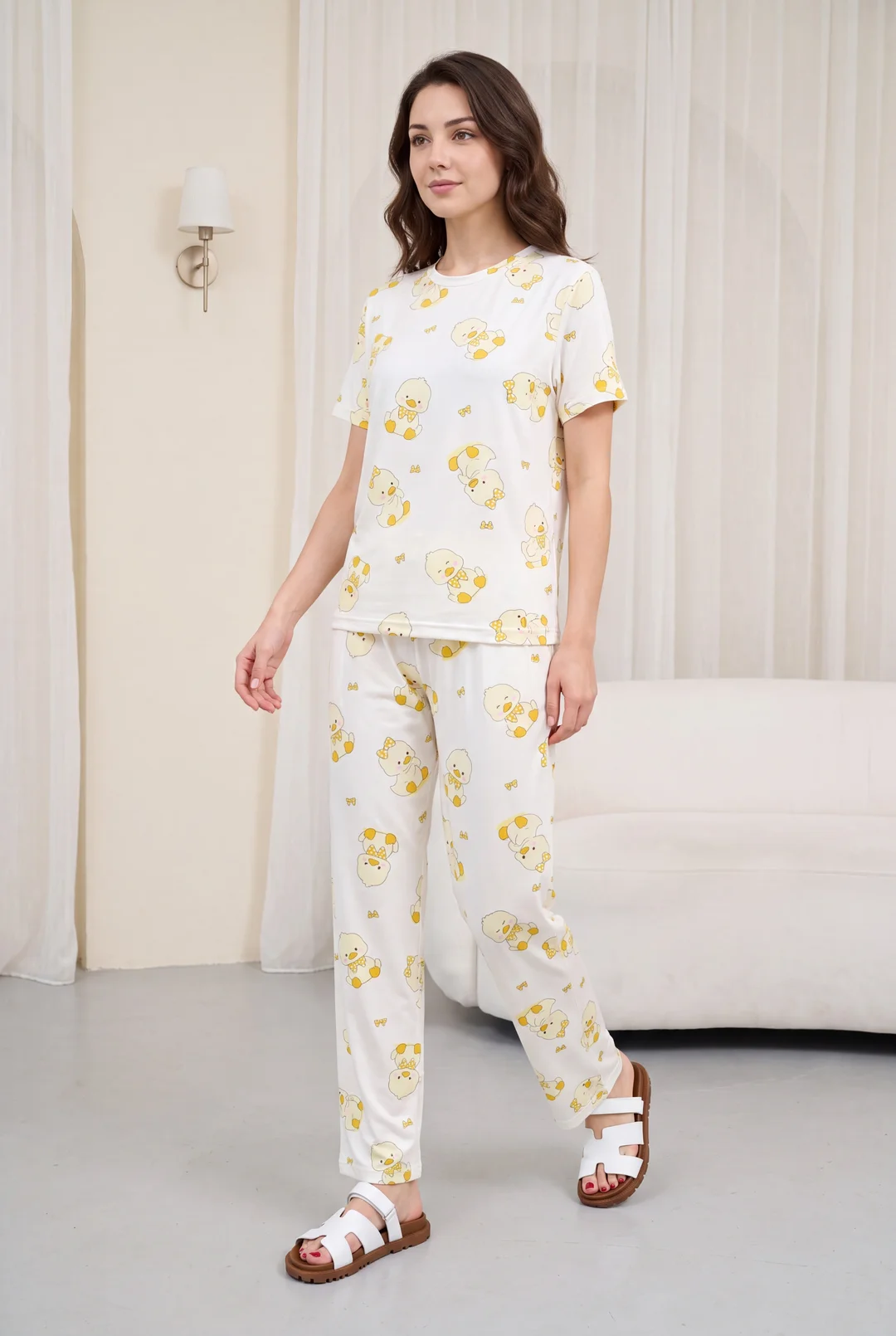 Duck Print Bicycle Neck Short Sleeve Terry Pyjama Set - Ecru - Podyumplus - by Peralane