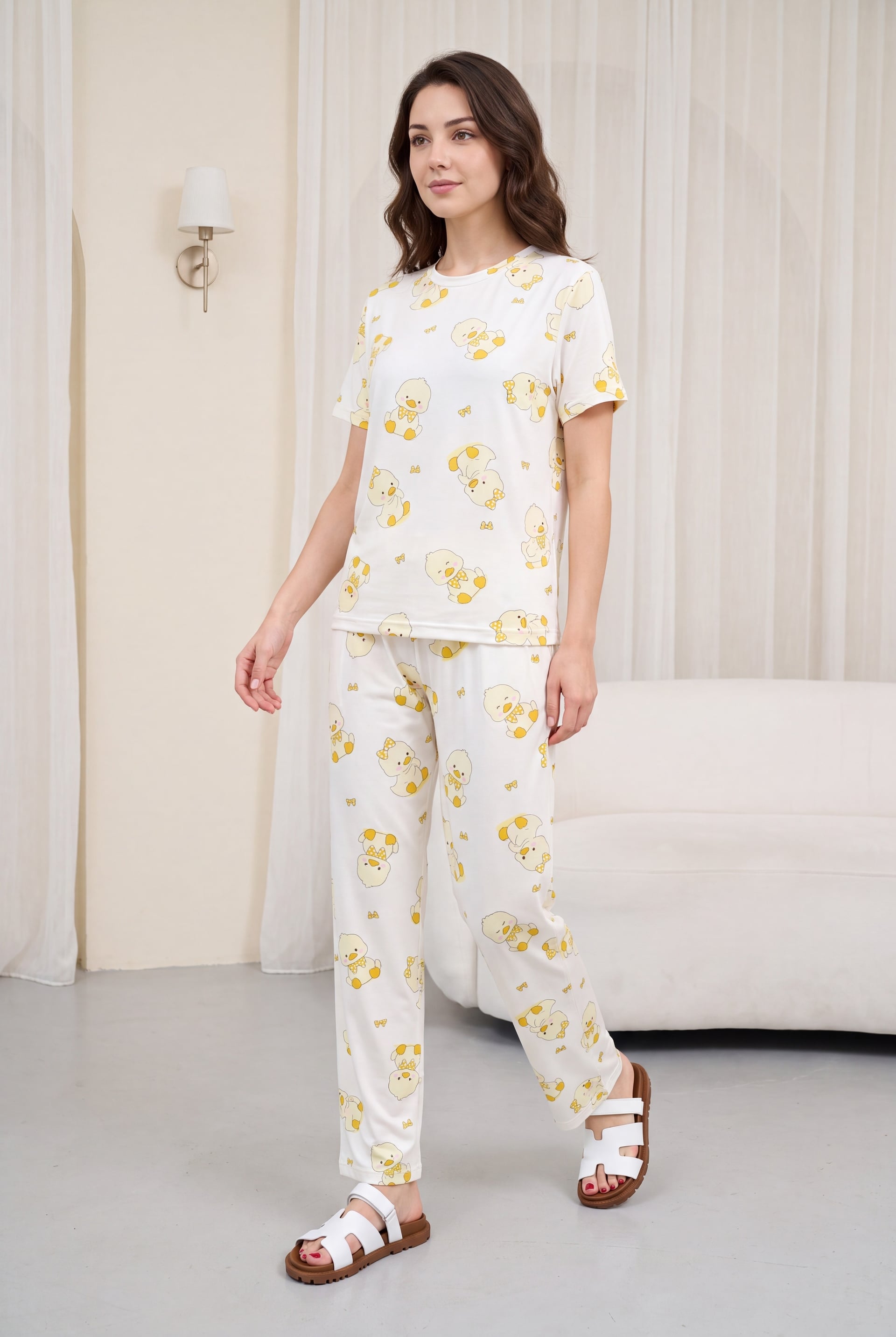 Duck Print Bicycle Neck Short Sleeve Terry Pyjama Set - Ecru - Podyumplus - by Peralane