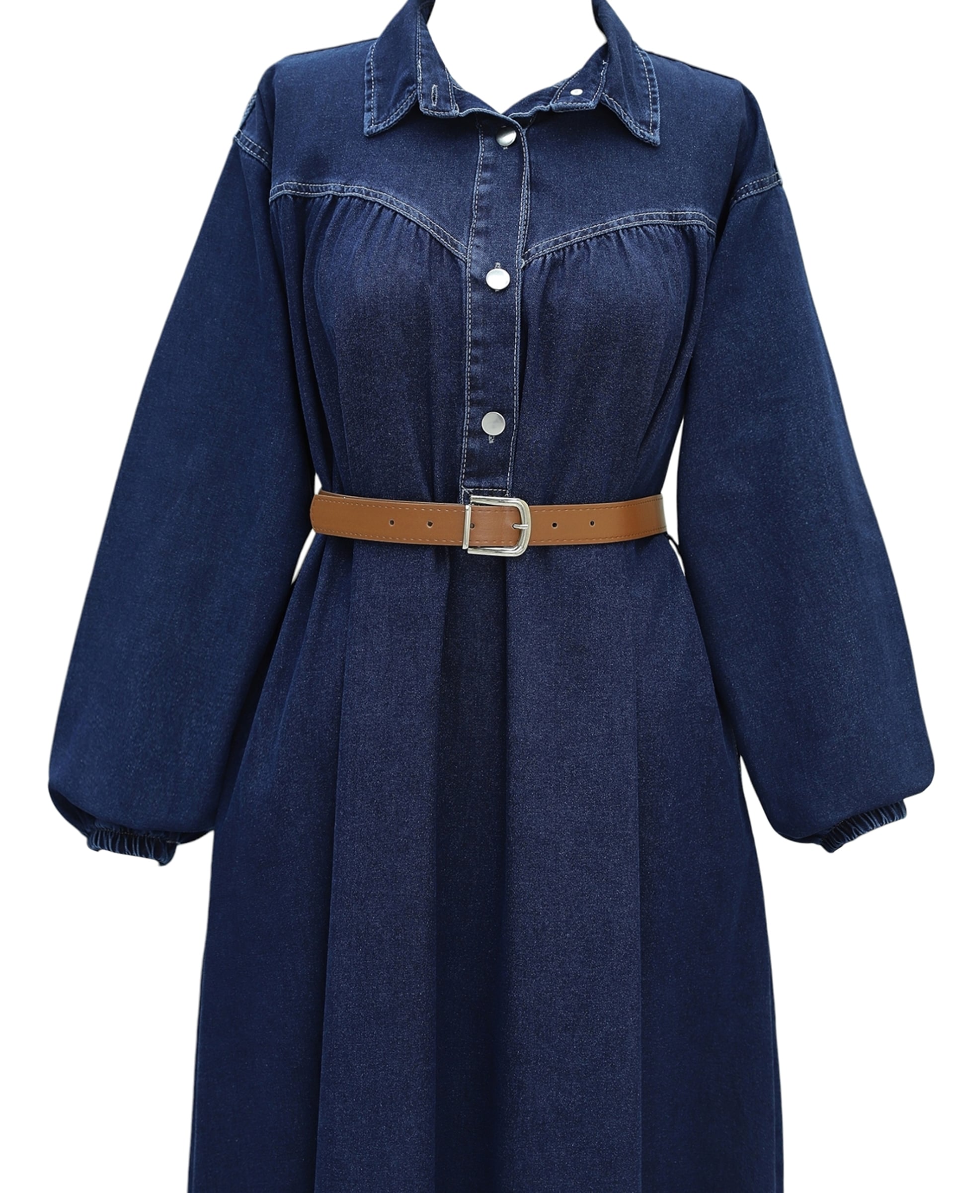 Half Button Long Sleeve Belted Denim Dress - Dark Navy - Podyumplus - by Peralane - photo 6