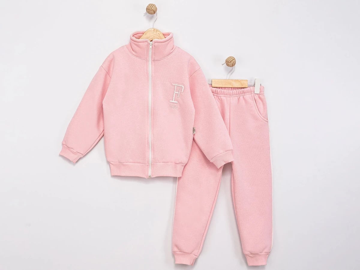 Girls' 3-Thread Brushed Fleece Sweatshirt and Jogger Set with 'F' Embroidery - Light Pink - Feely Kids - by Peralane