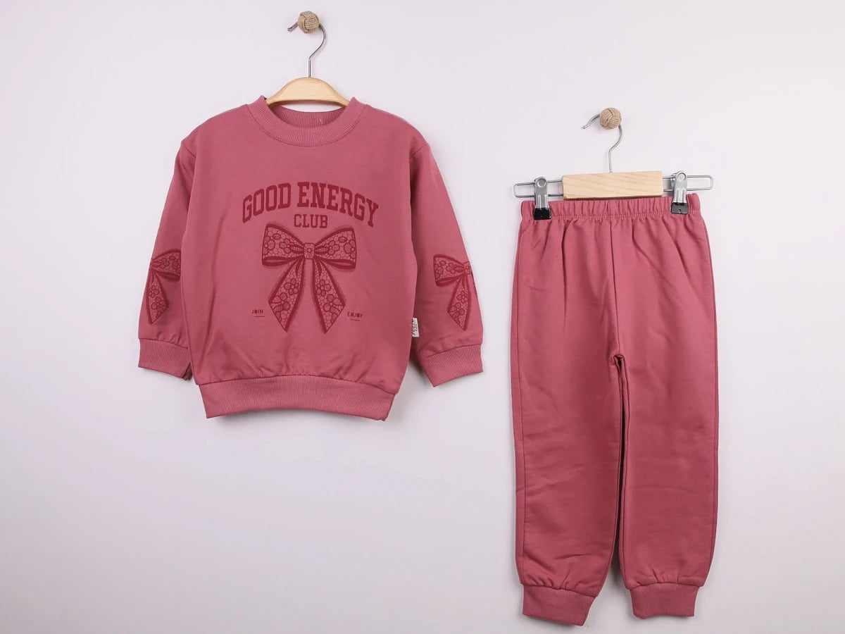 Girls' Bow Print Sweatshirt and Trousers Set - Dusty Rose - Feely Kids - by Peralane
