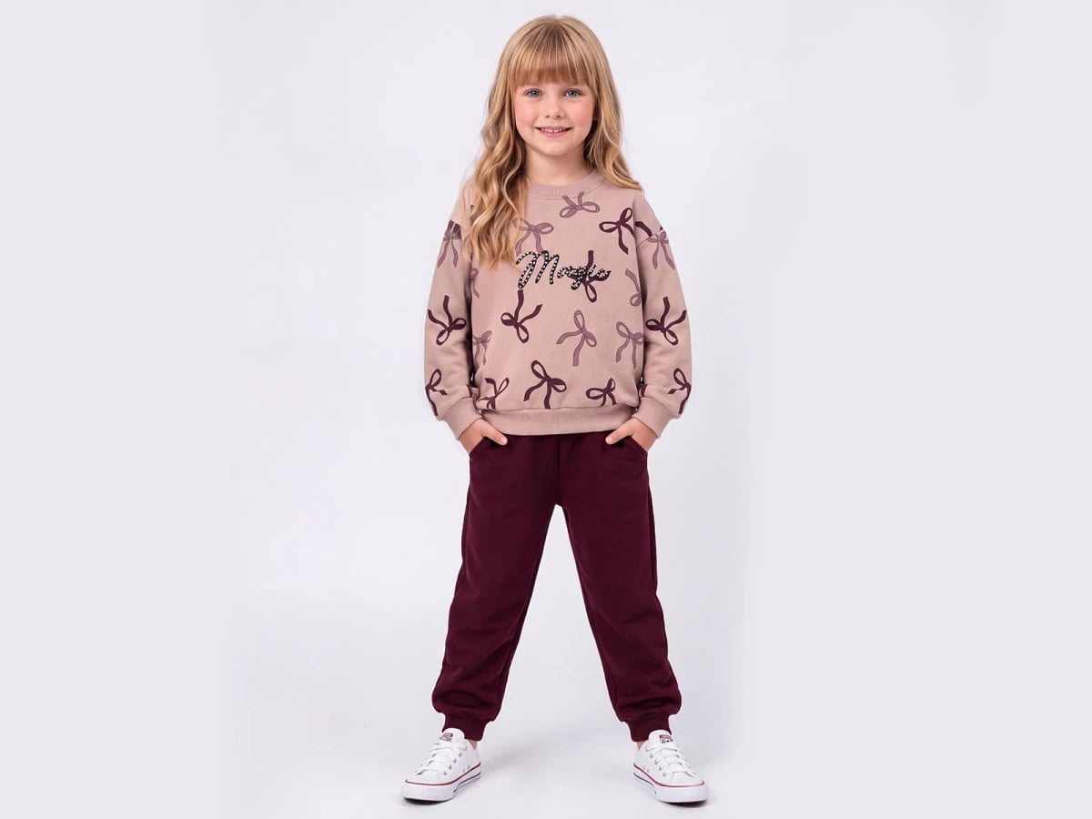 Bow Print Stone Detail 3-Thread Brushed Girls' Sweatshirt and Trousers Set - Feely Kids - by Peralane