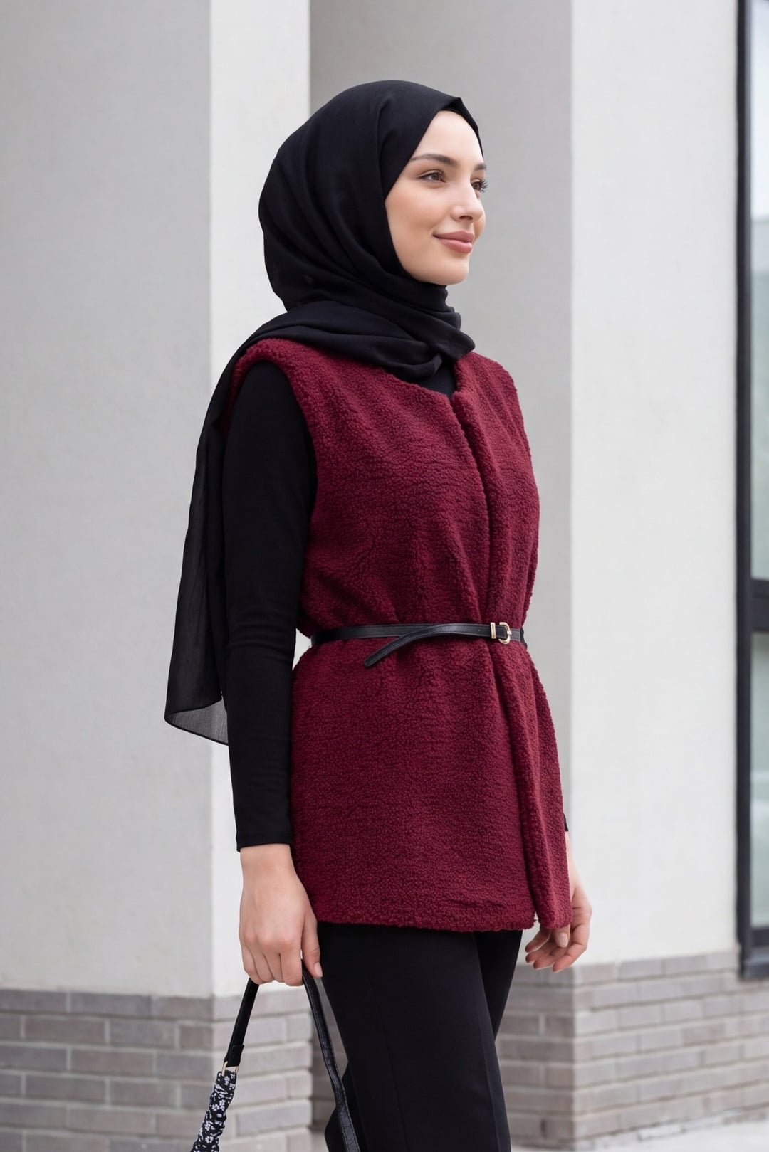 Belted Lined Plush Vest - Burgundy - Podyumplus - by Peralane - photo 2