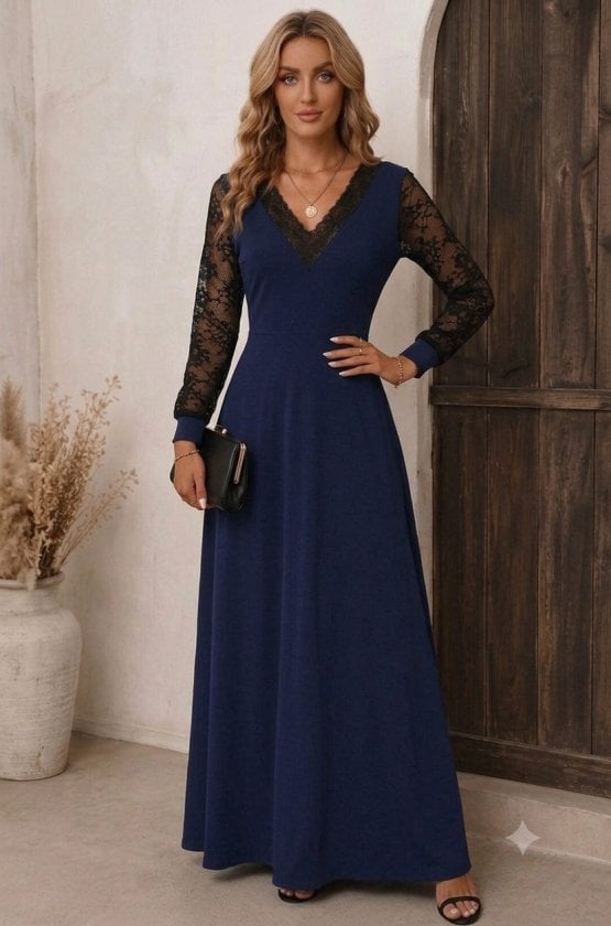 Women's Long Sleeve V-Neck Lace Trim Maxi Crepe Dress in Navy Blue - Janes - by Peralane - photo 2