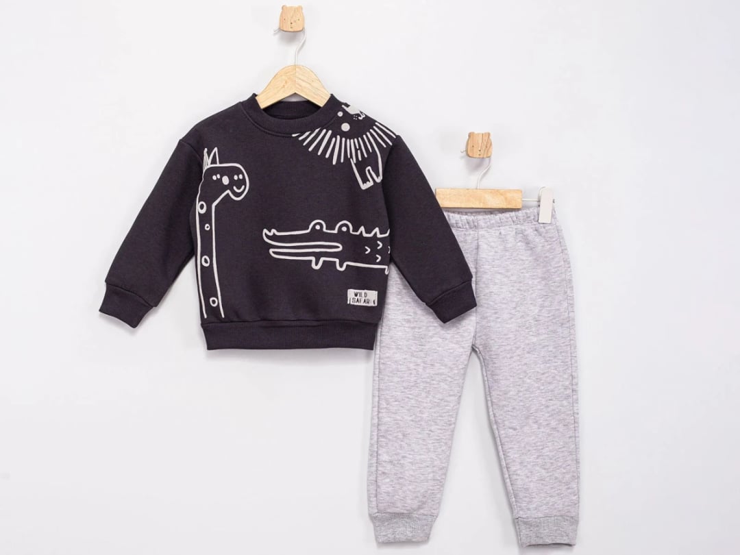 Animal Print 3-Thread Brushed Boys' Set - Anthracite - Feely Kids - by Peralane