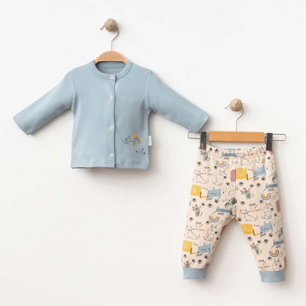 Baby Cardigan and Trouser Set - Light Blue with Dog and Rainbow Print - Gumus Baby - by Peralane