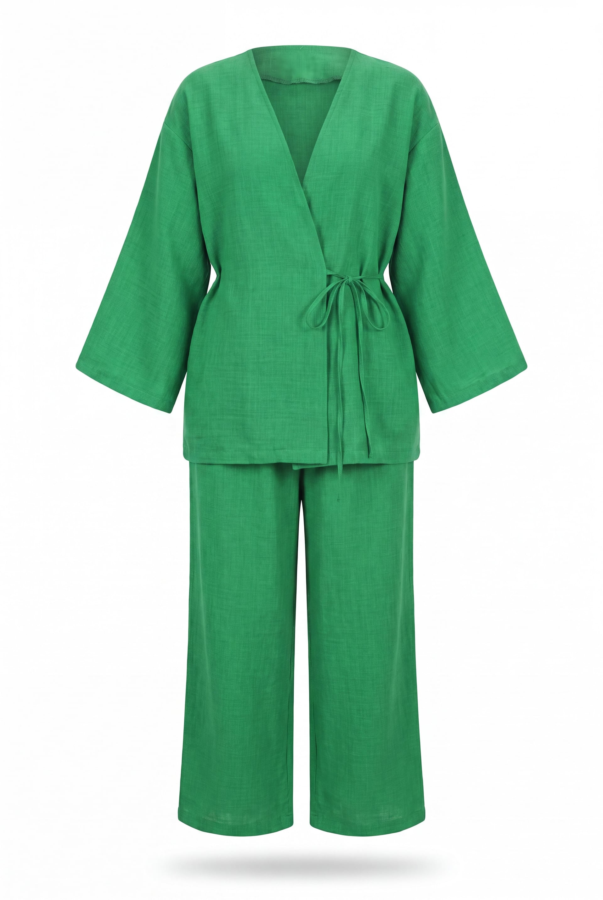 Green Kimono and Wide-Leg Trouser Set with Tie Front - Podyumplus - by Peralane - photo 4