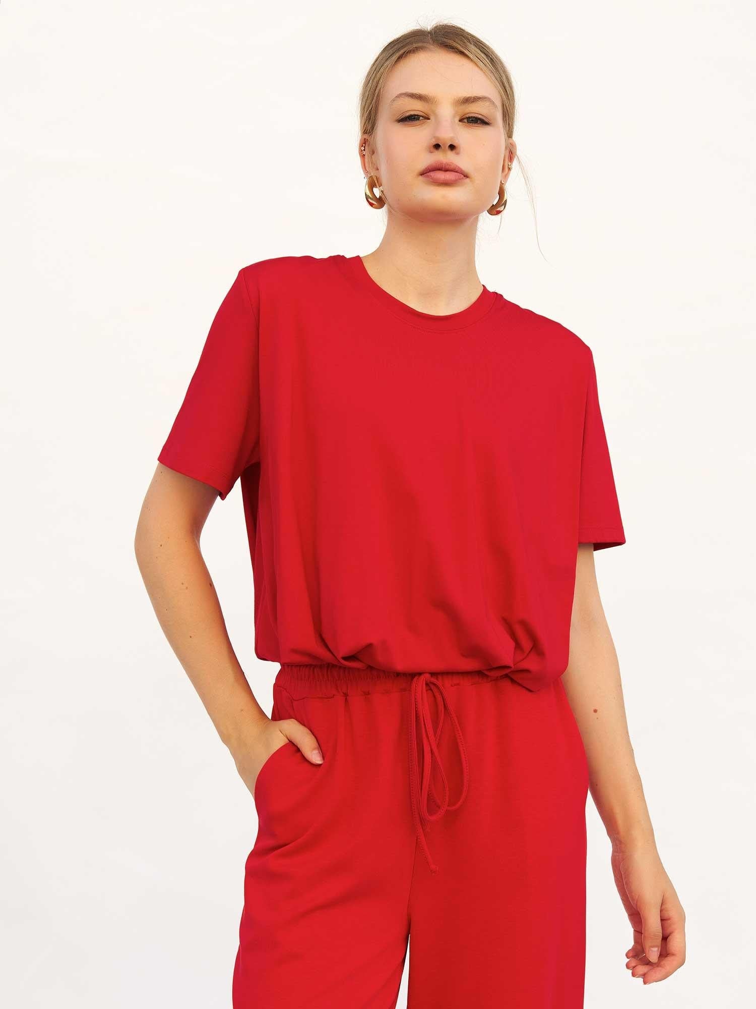 Women's Cotton-Blend Lounge T-Shirt and Trousers Set in Red - Lefon - by Peralane