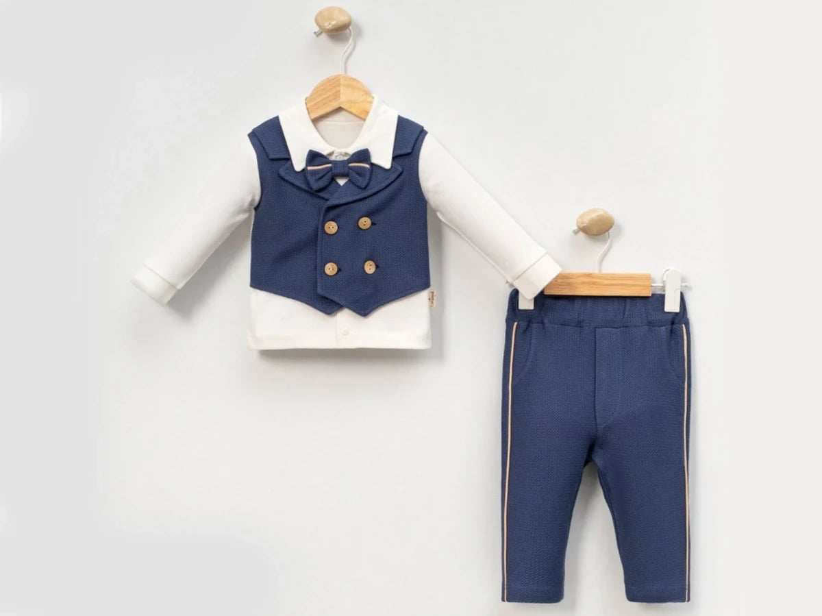 Baby Boy's Three-Piece Set with Vest and Bow Tie - Navy Blue - Cayzen - by Peralane