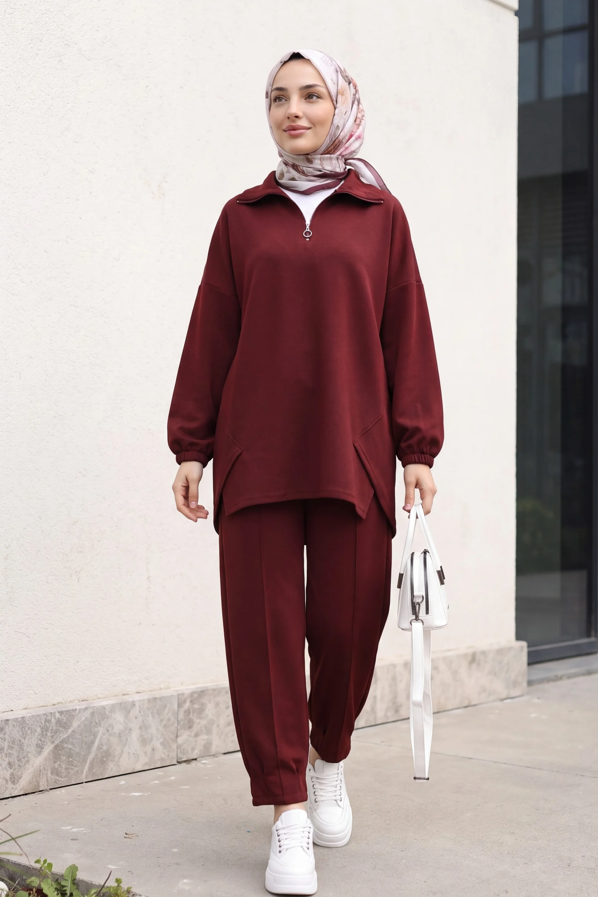 Tunnel Drawstring Stand Collar Long Back Trousers Stretch Set - Burgundy - Podyumplus - by Peralane - photo 2