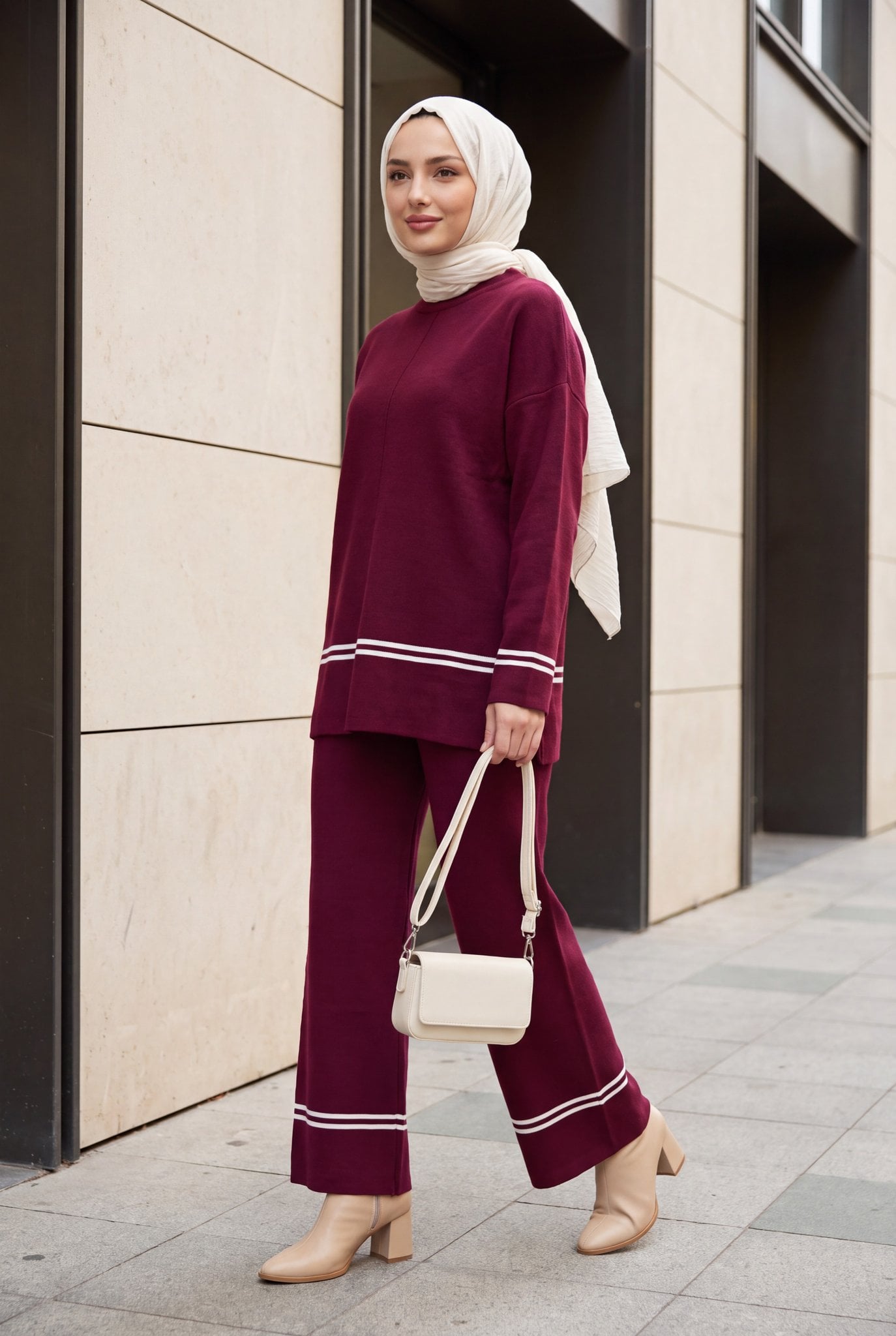 Striped Knit Two-Piece Set - Burgundy - Podyumplus - by Peralane - photo 2