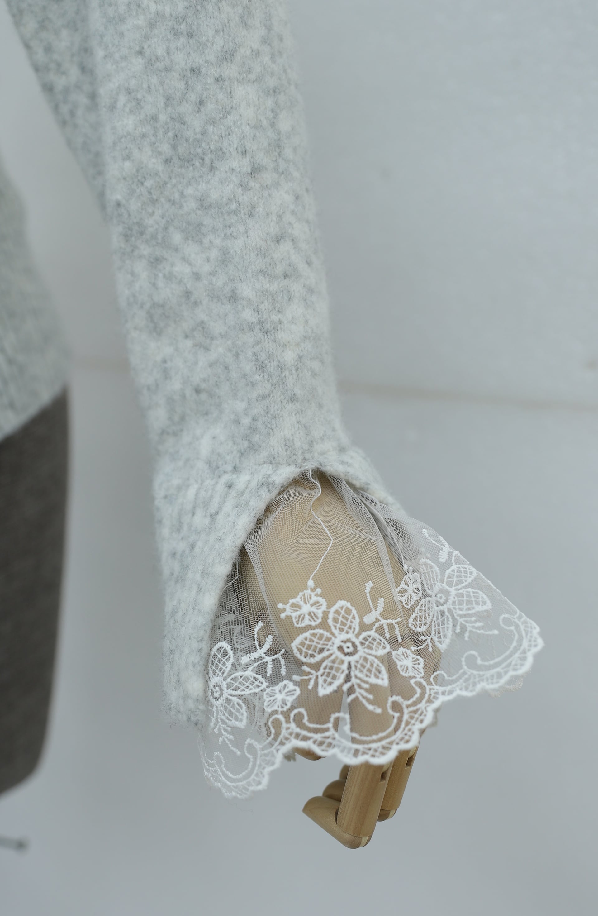 Light Grey Marled Knit Cardigan with Scarf Tie Neck and Lace Details - Podyumplus - by Peralane - photo 6