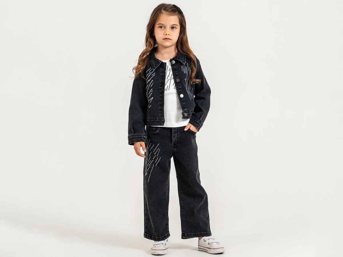 Girls' Denim Jacket and Trousers Set with Stripe Detail - Pampal Kids - by Peralane