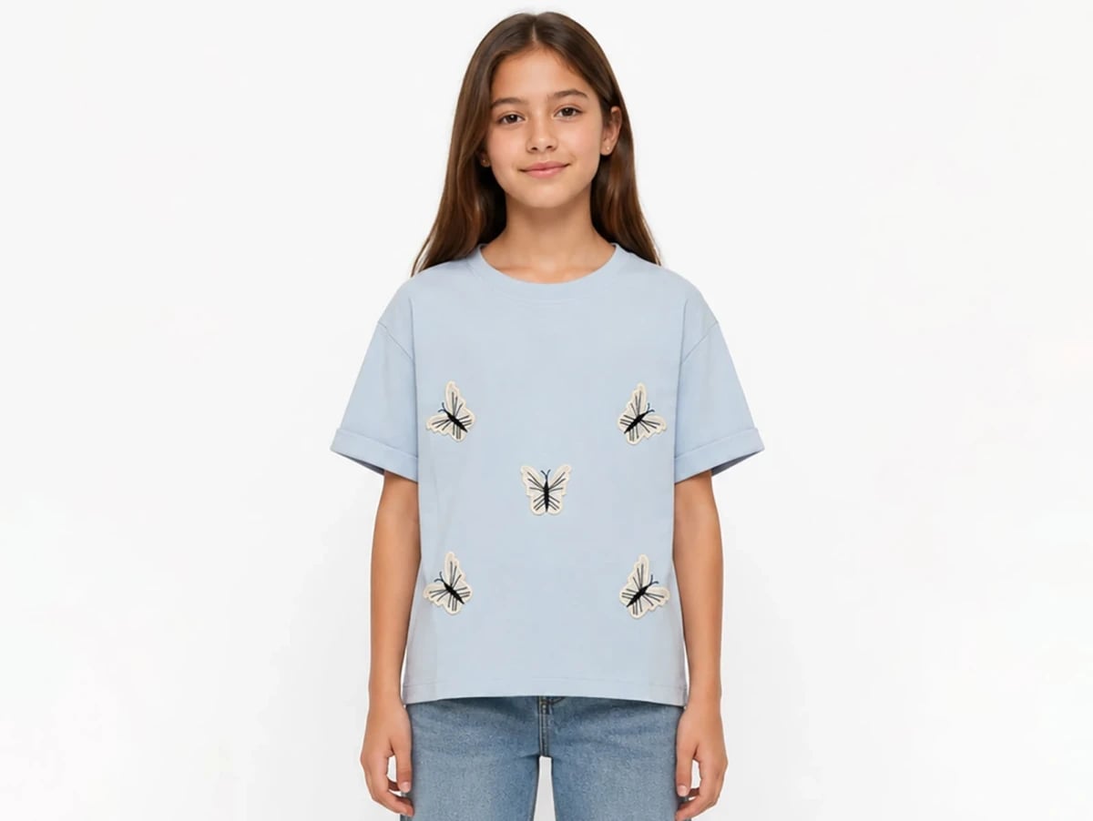 Girl's Butterfly Appliqué T-Shirt - Light Blue (Pack of 4) - ÖZ Bebe - by Peralane