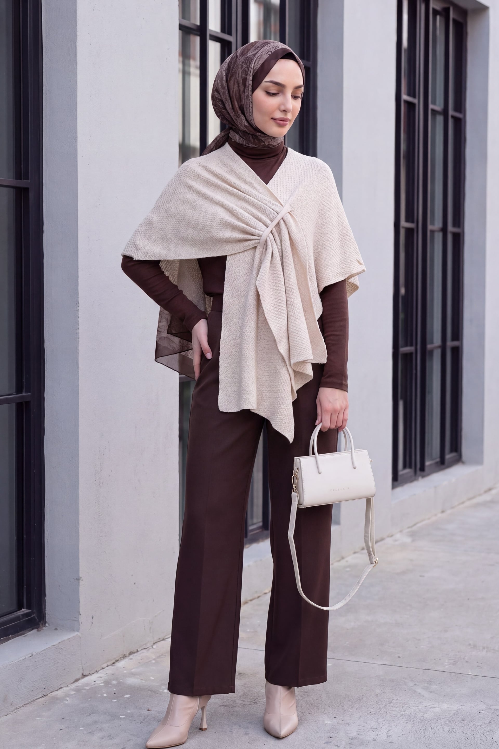Loose Fit Knit Poncho Cardigan - Stone Colour - Podyumplus - by Peralane - photo 5