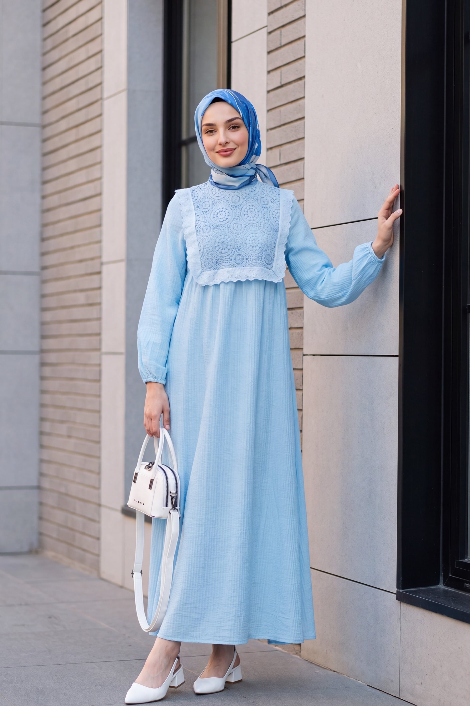 Crinkle Dress with Removable Lace Vest and Ribbed Cuffs - Light Blue - Podyumplus - by Peralane - photo 2