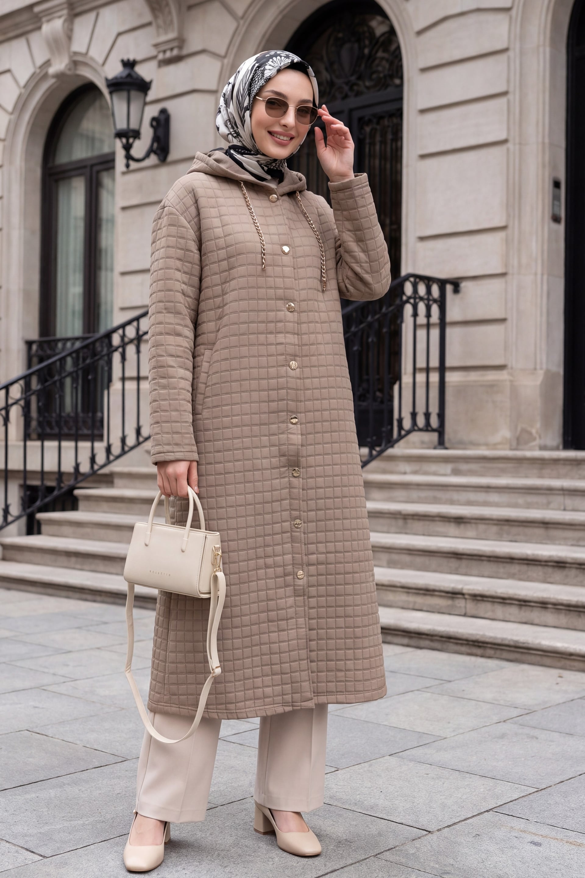 Long Quilted Coat with Chain Detail Hood - Taupe - Podyumplus - by Peralane